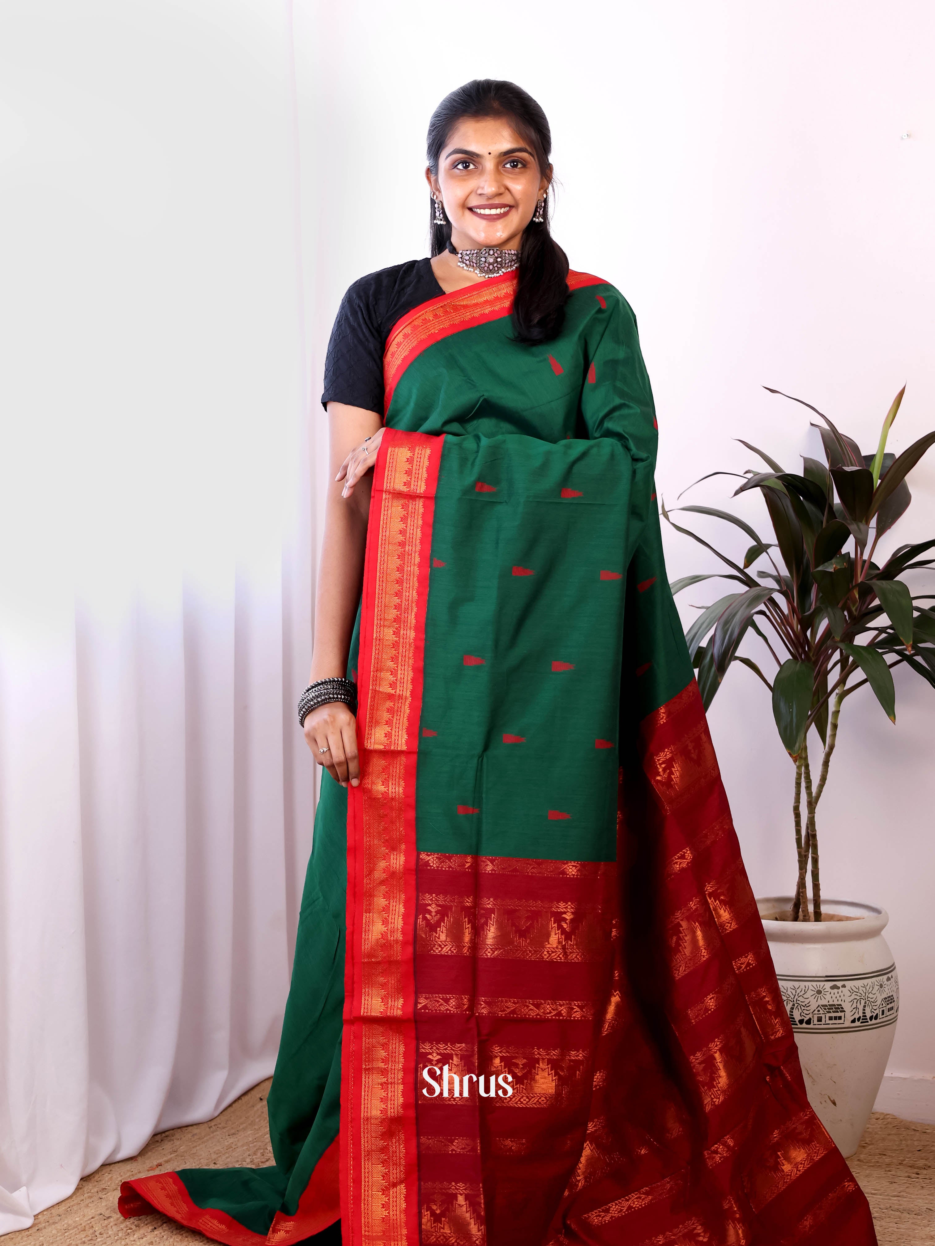 Green & Maroon- Kalyani Cotton Saree - Shop on Shrus.com