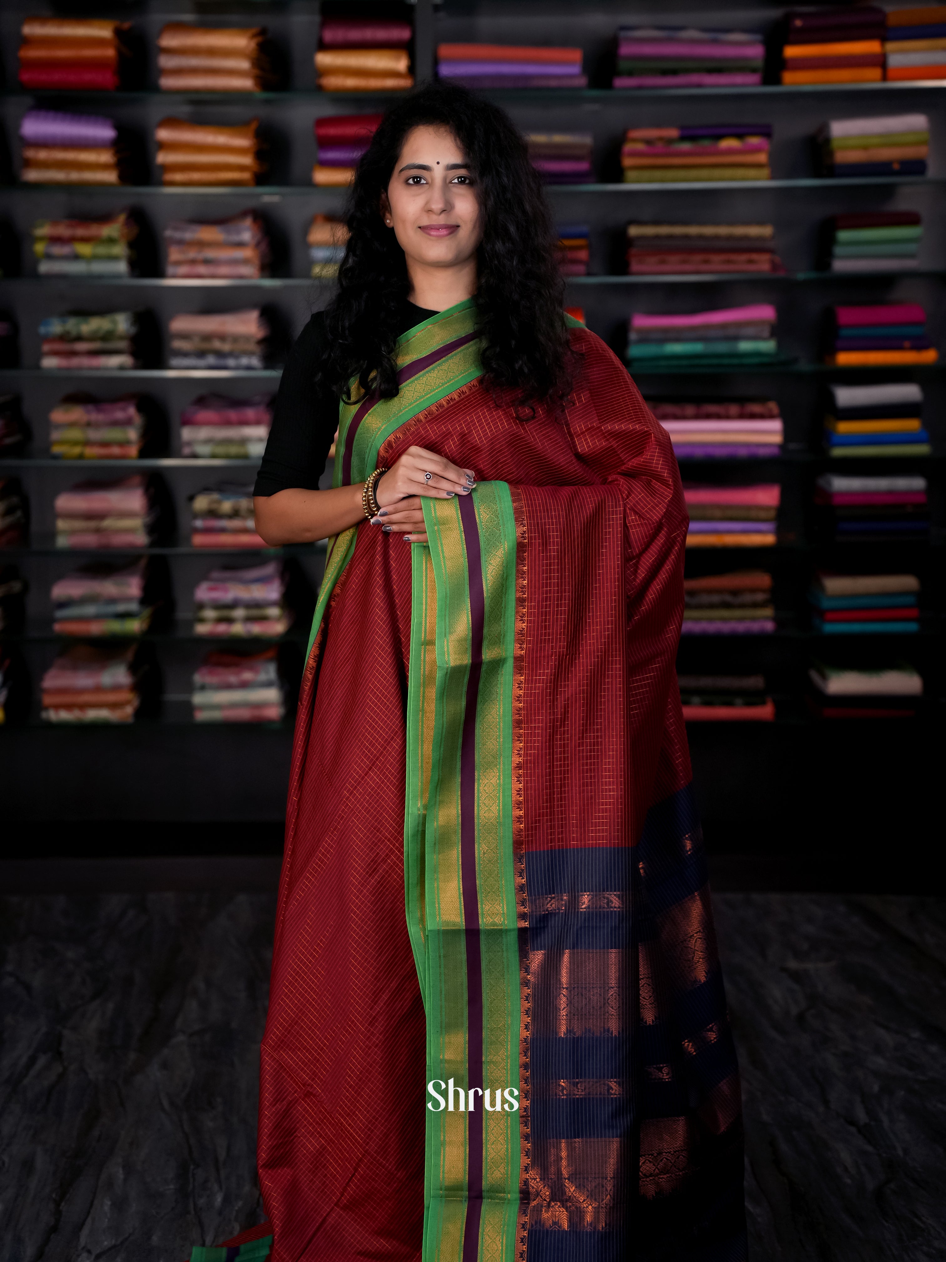 Maroon & Blue - Kalyani Cotton Saree - Shop on Shrus.com