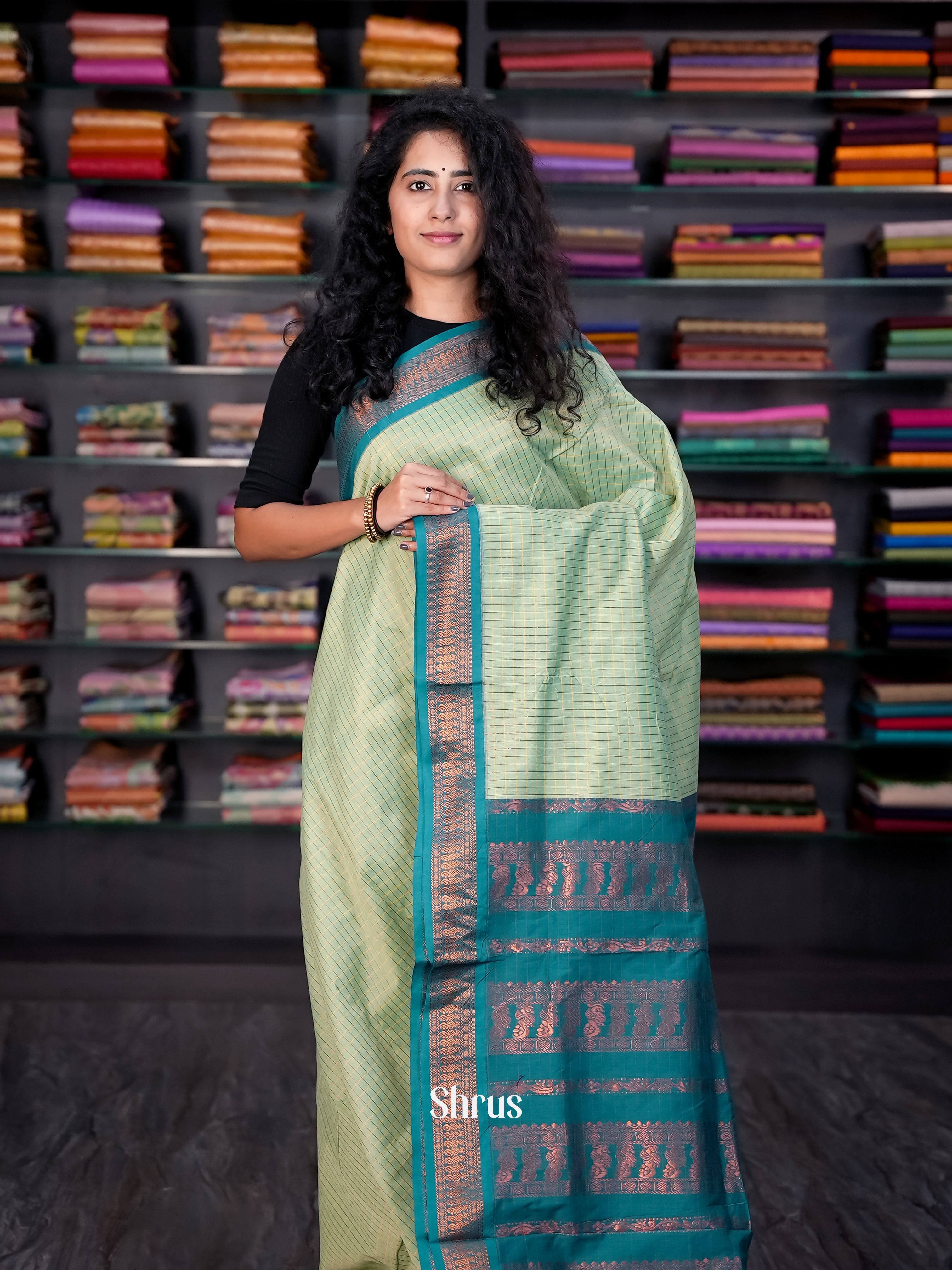 Pista Green & Teal - Kalyani Cotton Saree - Shop on Shrus.com