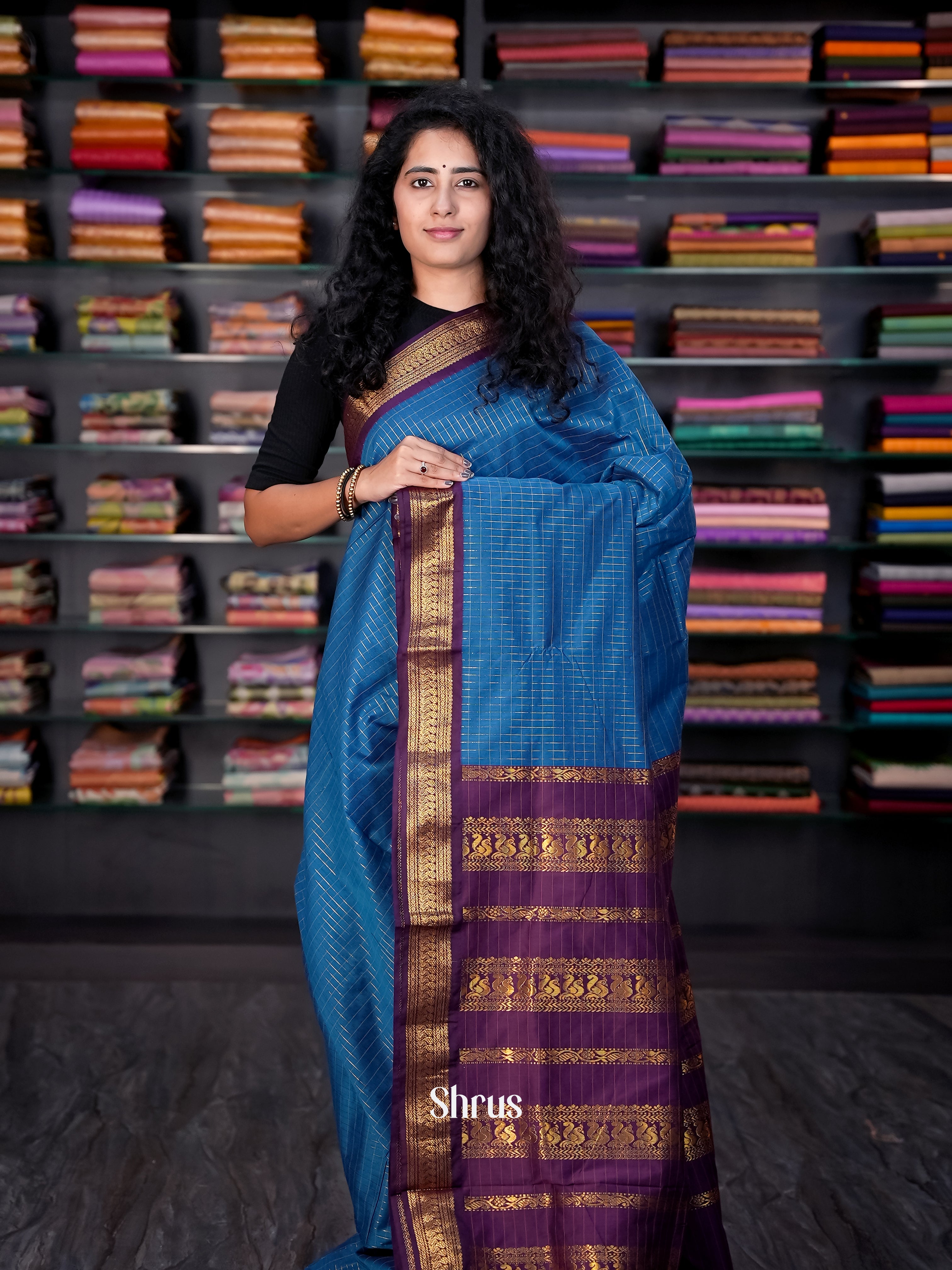 Blue & Purple - Kalyani Cotton Saree - Shop on Shrus.com