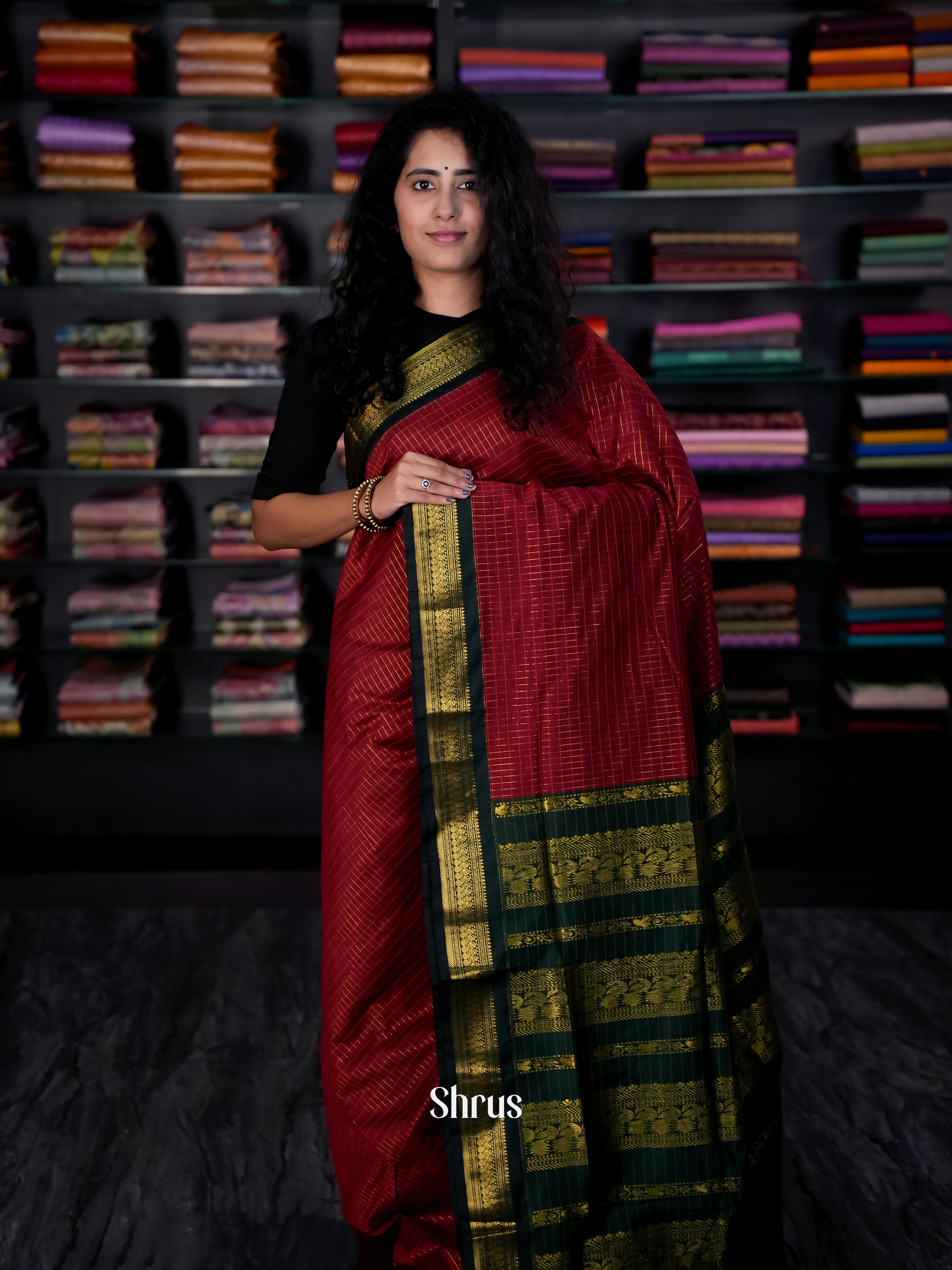 Maroon & Green - Kalyani Cotton Saree - Shop on Shrus.com