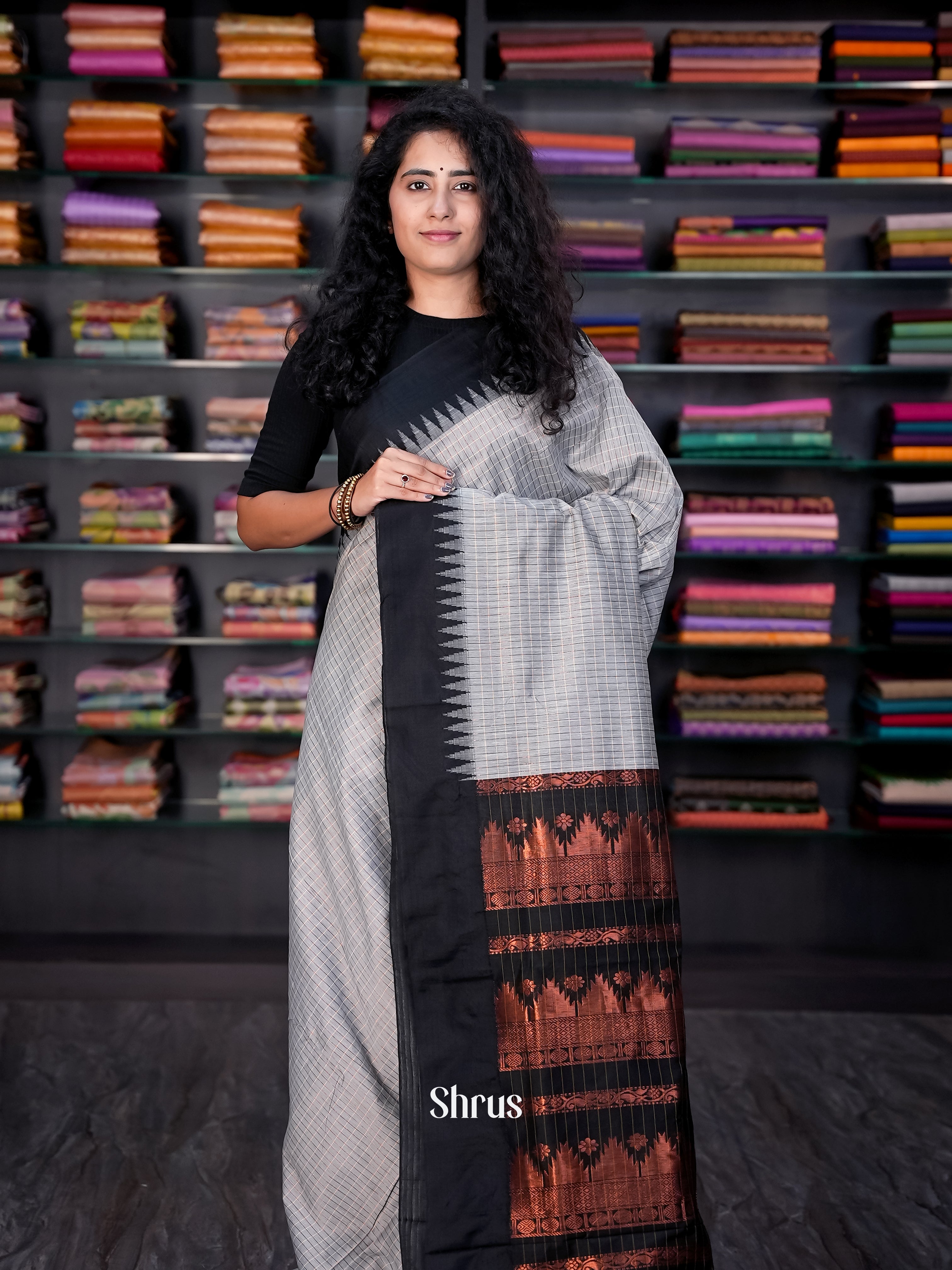 Grey & Black - Kalyani Cotton Saree - Shop on Shrus.com