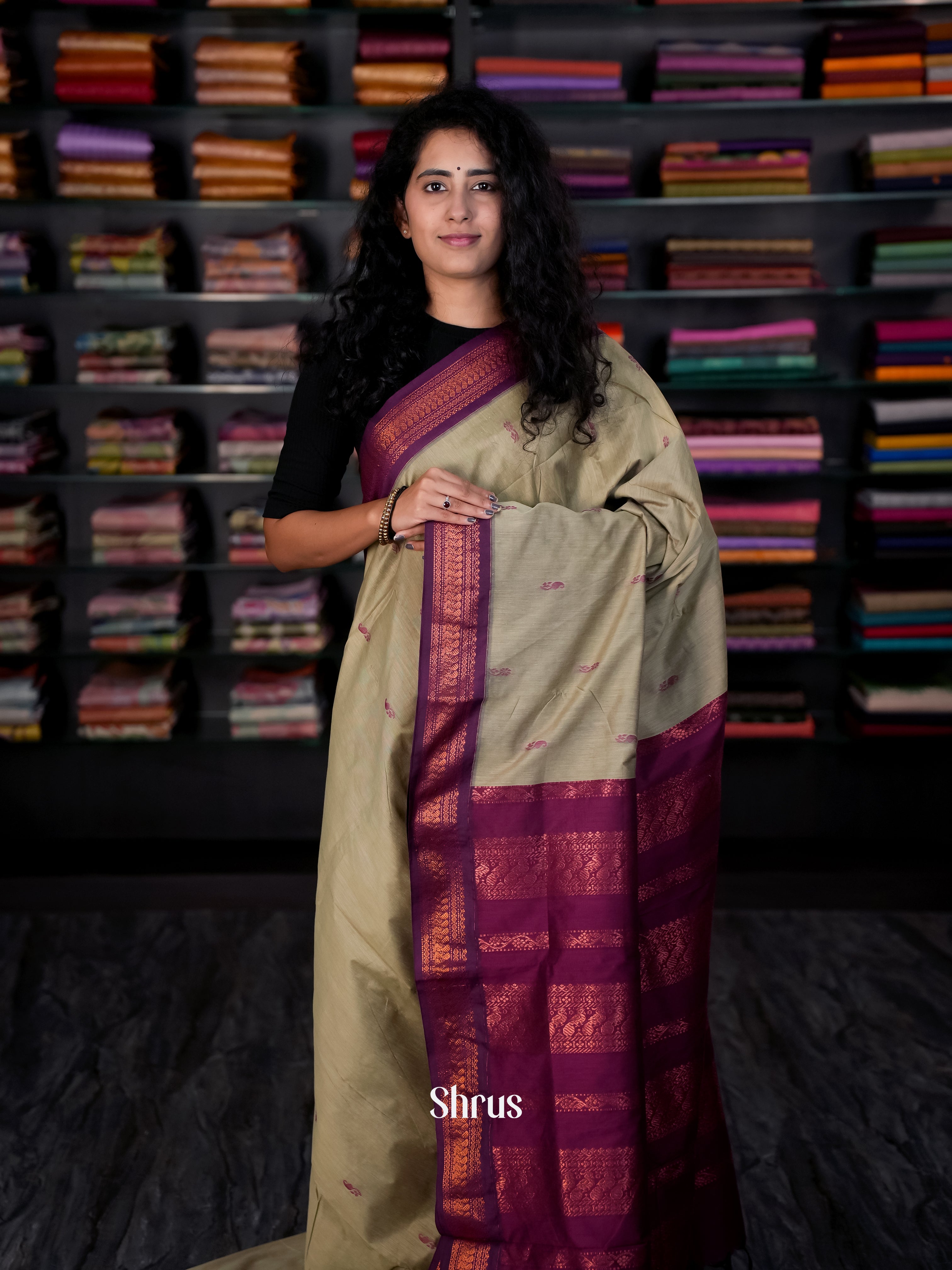 Grey & Purple- Kalyani Cotton Saree - Shop on Shrus.com