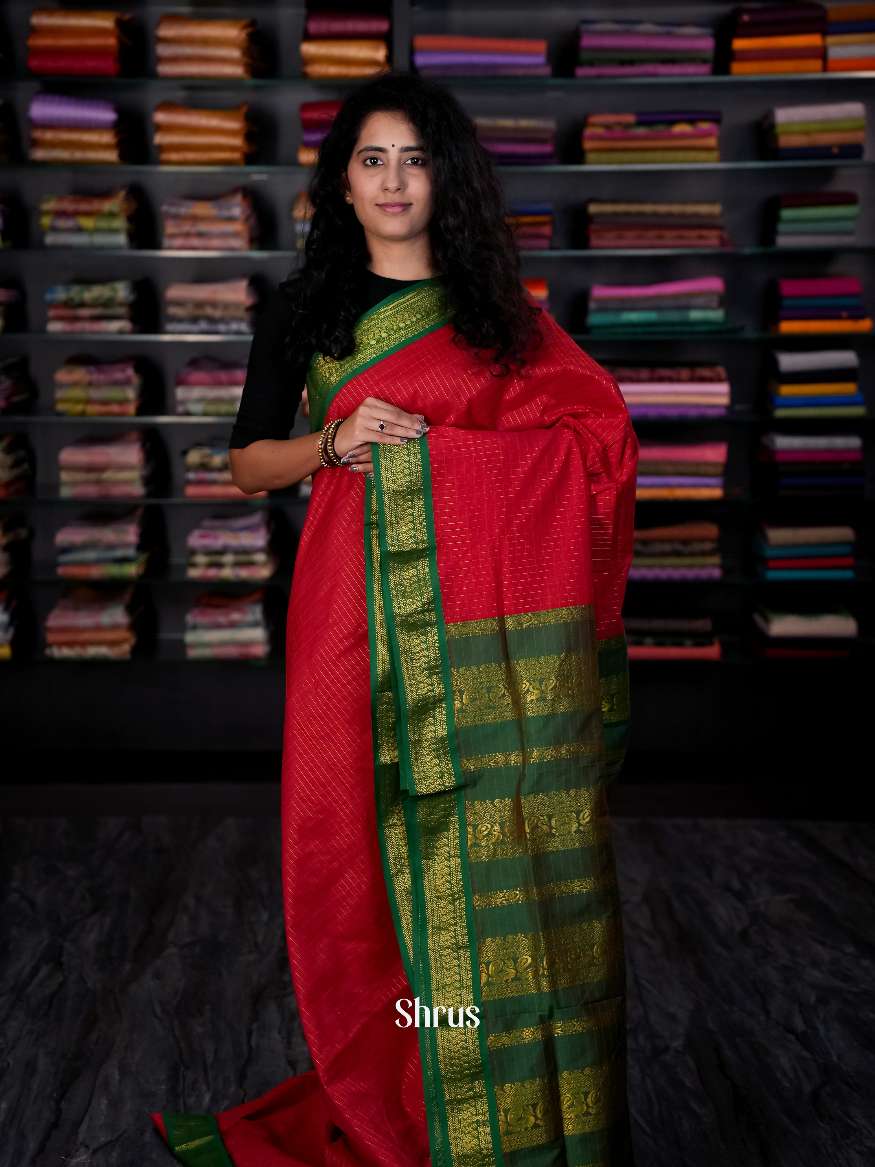 Red & Green - Kalyani Cotton Saree - Shop on Shrus.com