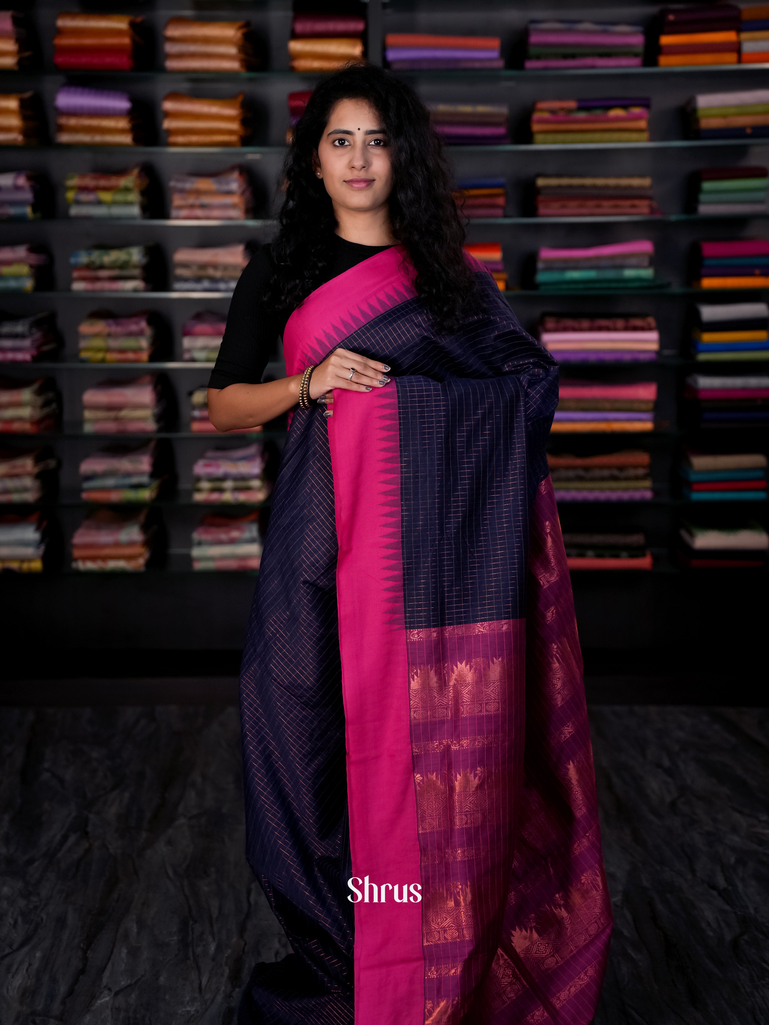 Blue & Pink- Kalyani Cotton Saree - Shop on Shrus.com