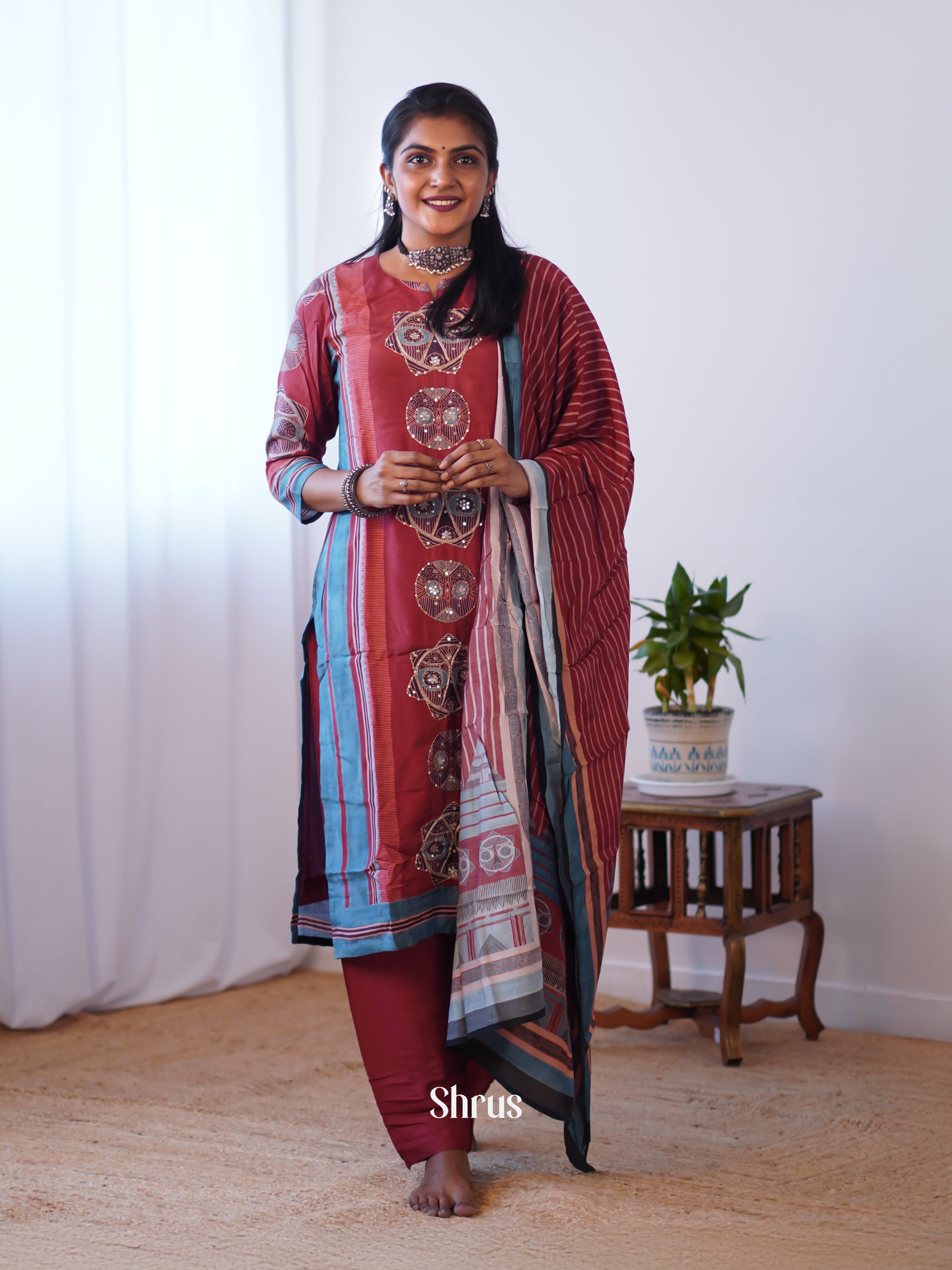 Maroon & Blue - 3pc Readymade Suits - Shop on Shrus.com
