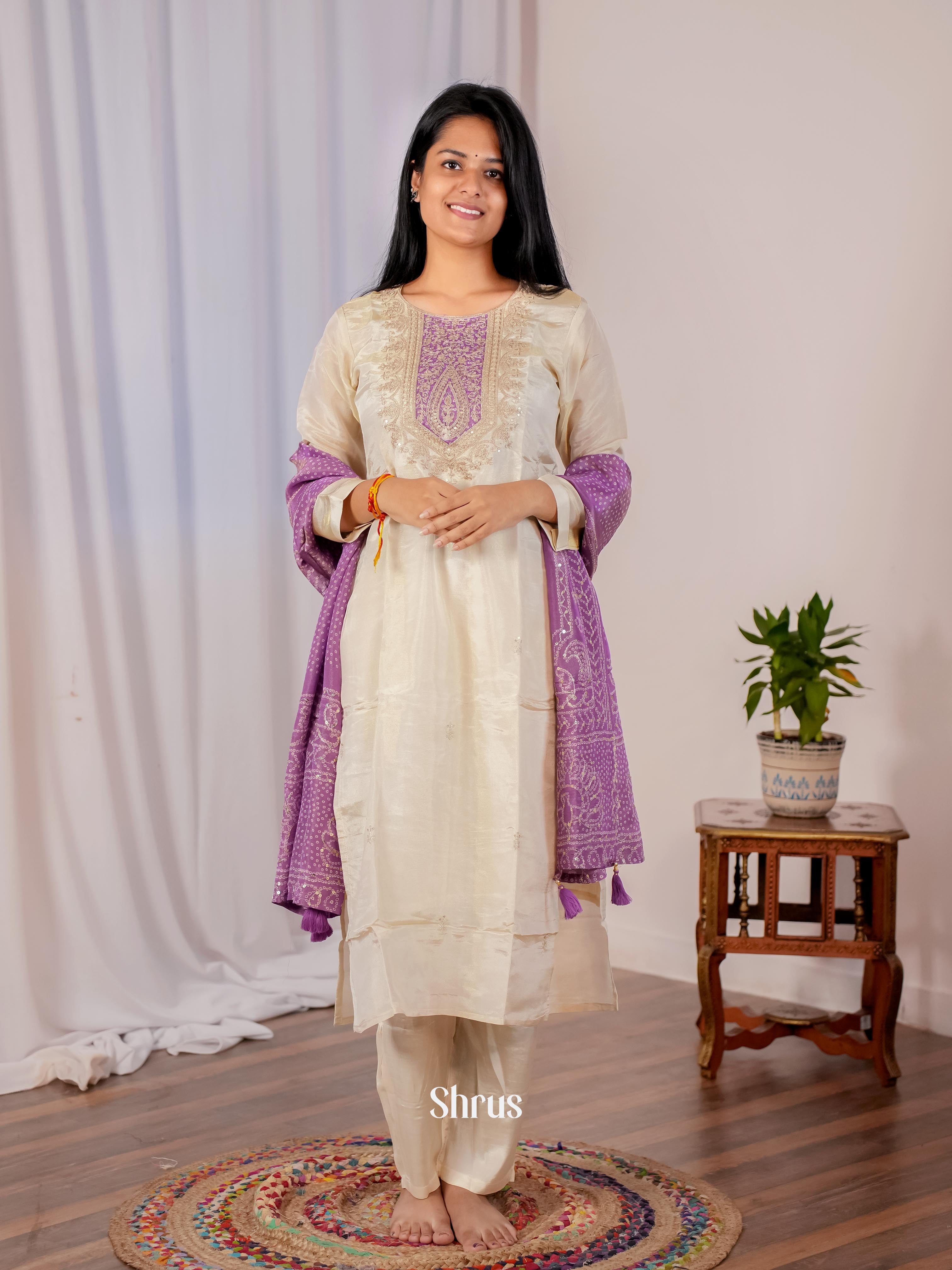 Cream & Purple - 3-pc Readymade Suits - Shop on Shrus.com