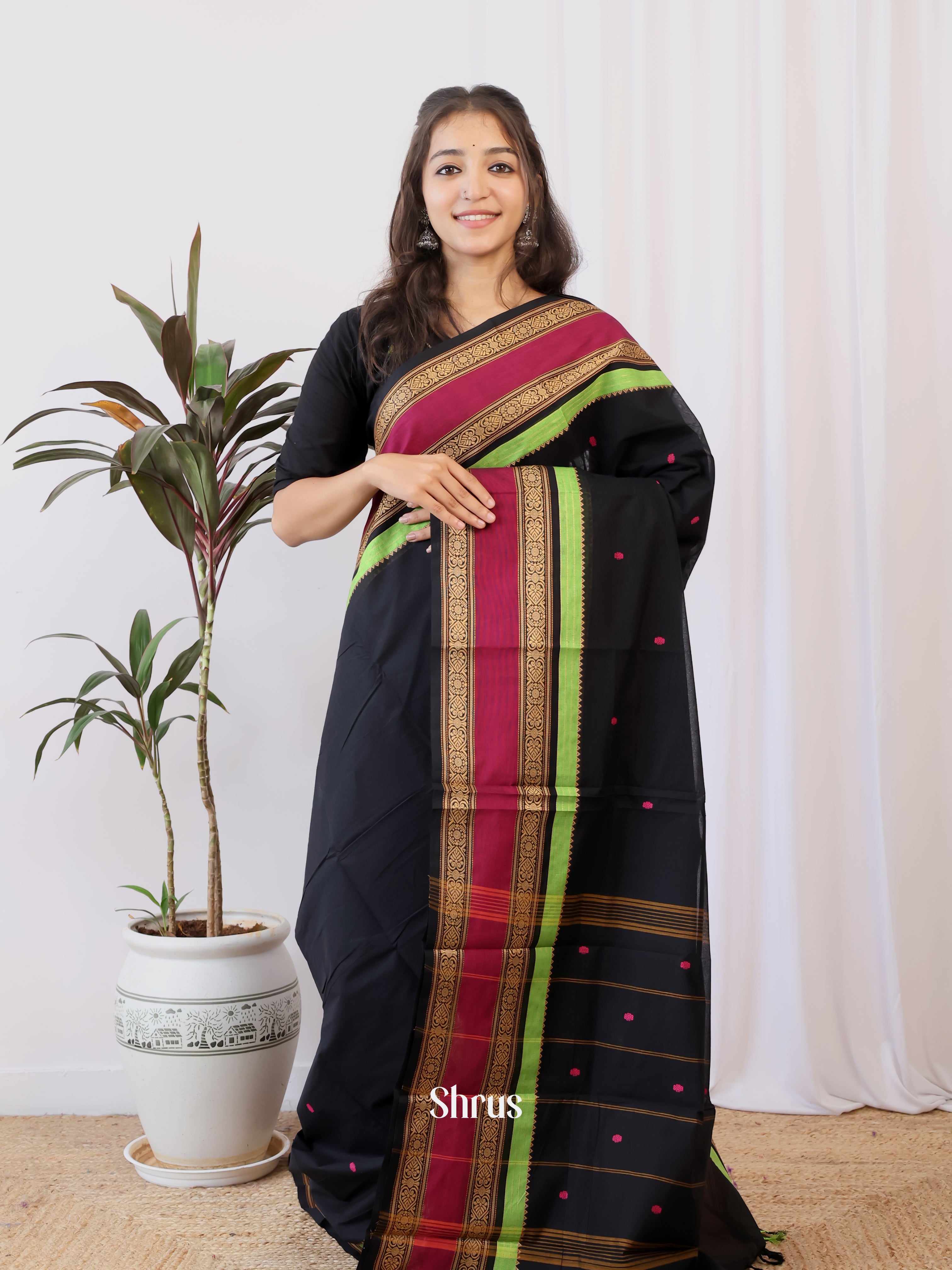 Black & Red - Chettinad Cotton Saree - Shop on Shrus.com