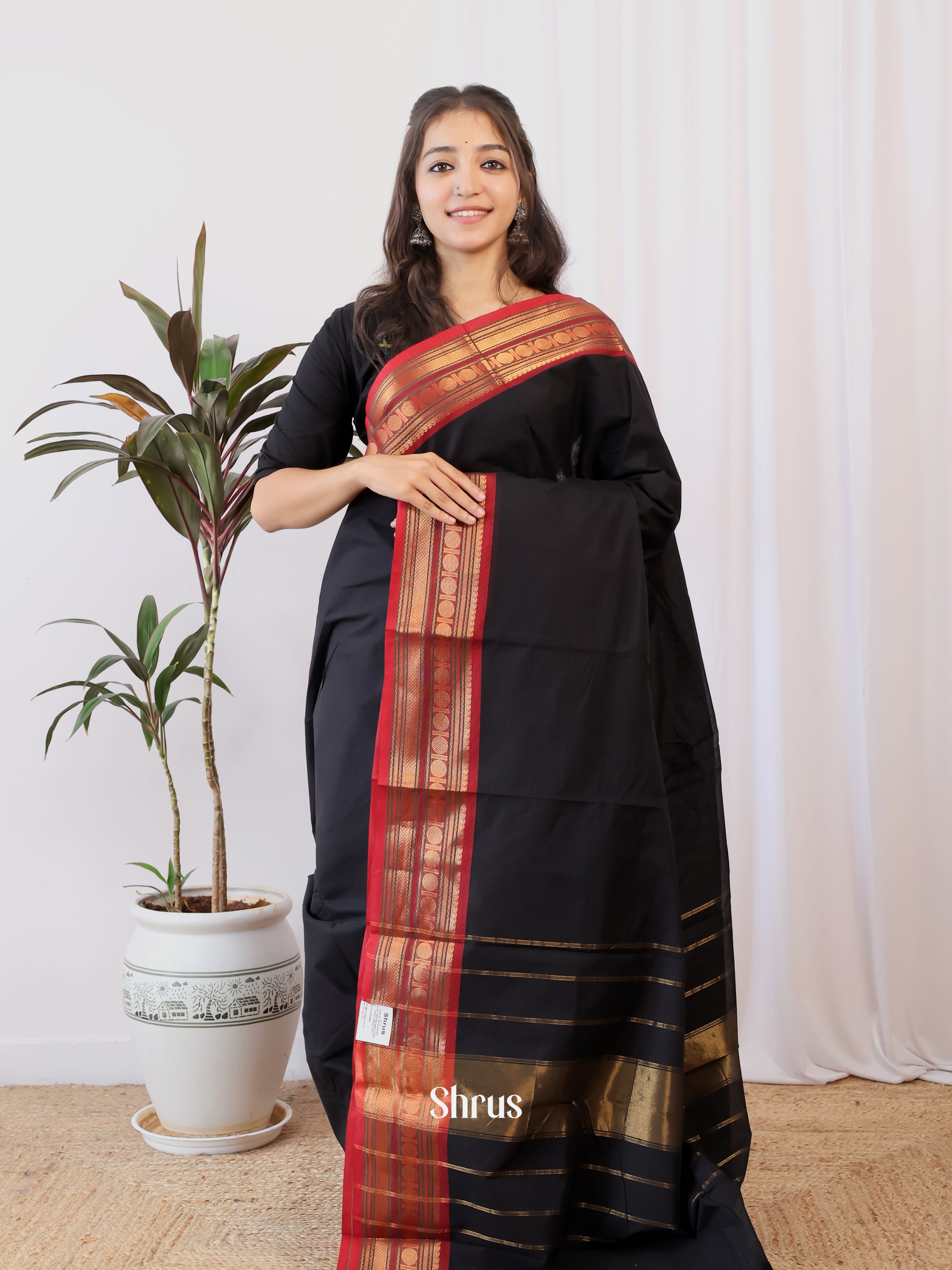 Black & Red- Chettinad Cotton Saree - Shop on Shrus.com