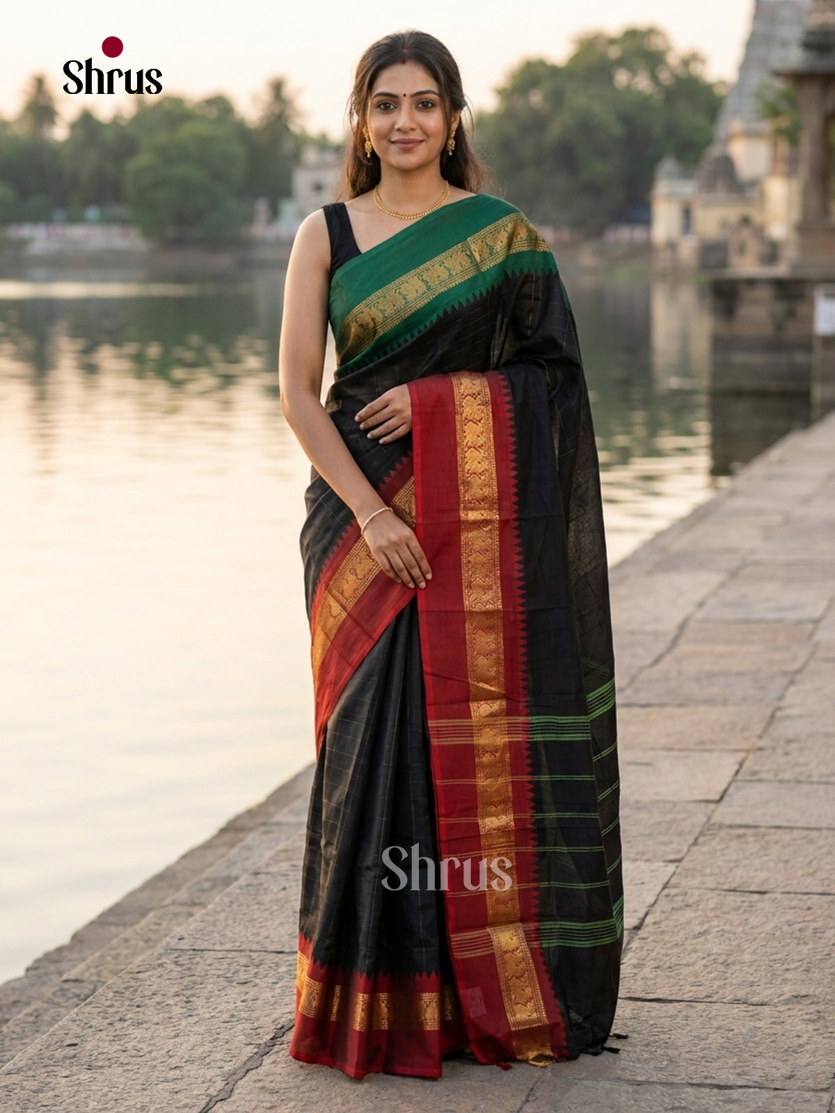 Stunning Black Chettinad Cotton Saree With Red & Green Ganga Jamuna Zari Woven Border