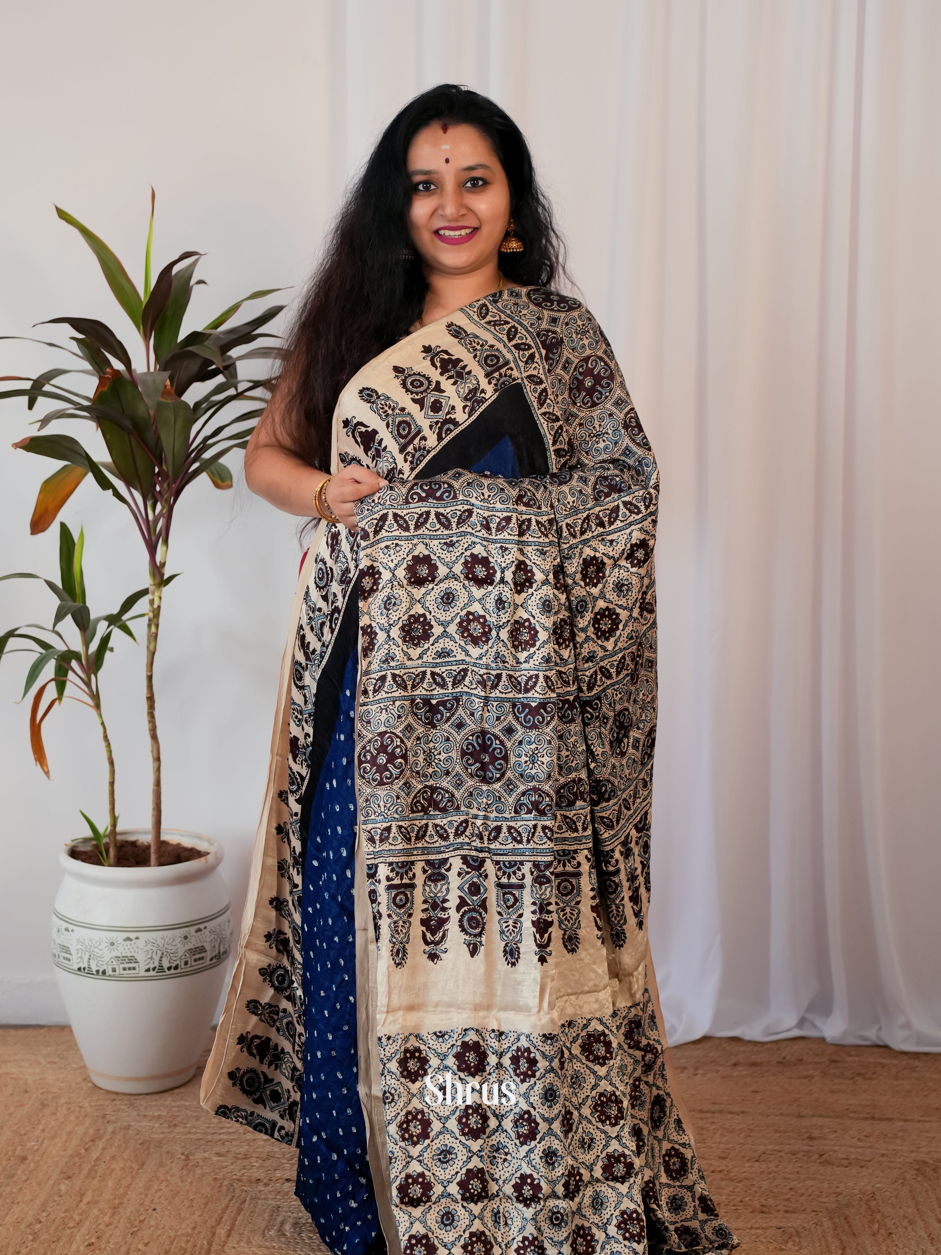 Blue & Cream - Modal Silk Saree - Shop on Shrus.com