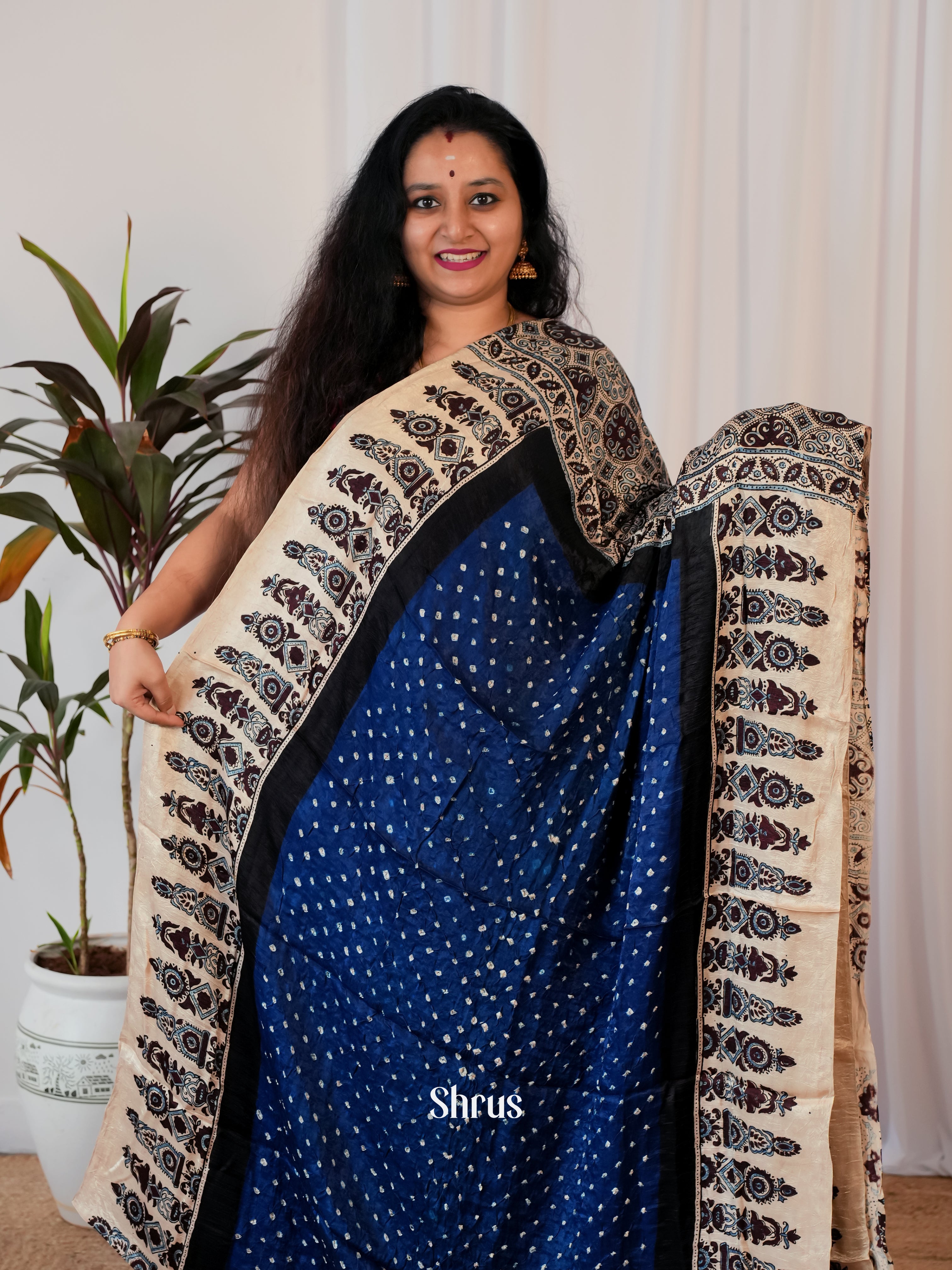 Blue & Cream - Modal Silk Saree - Shop on Shrus.com