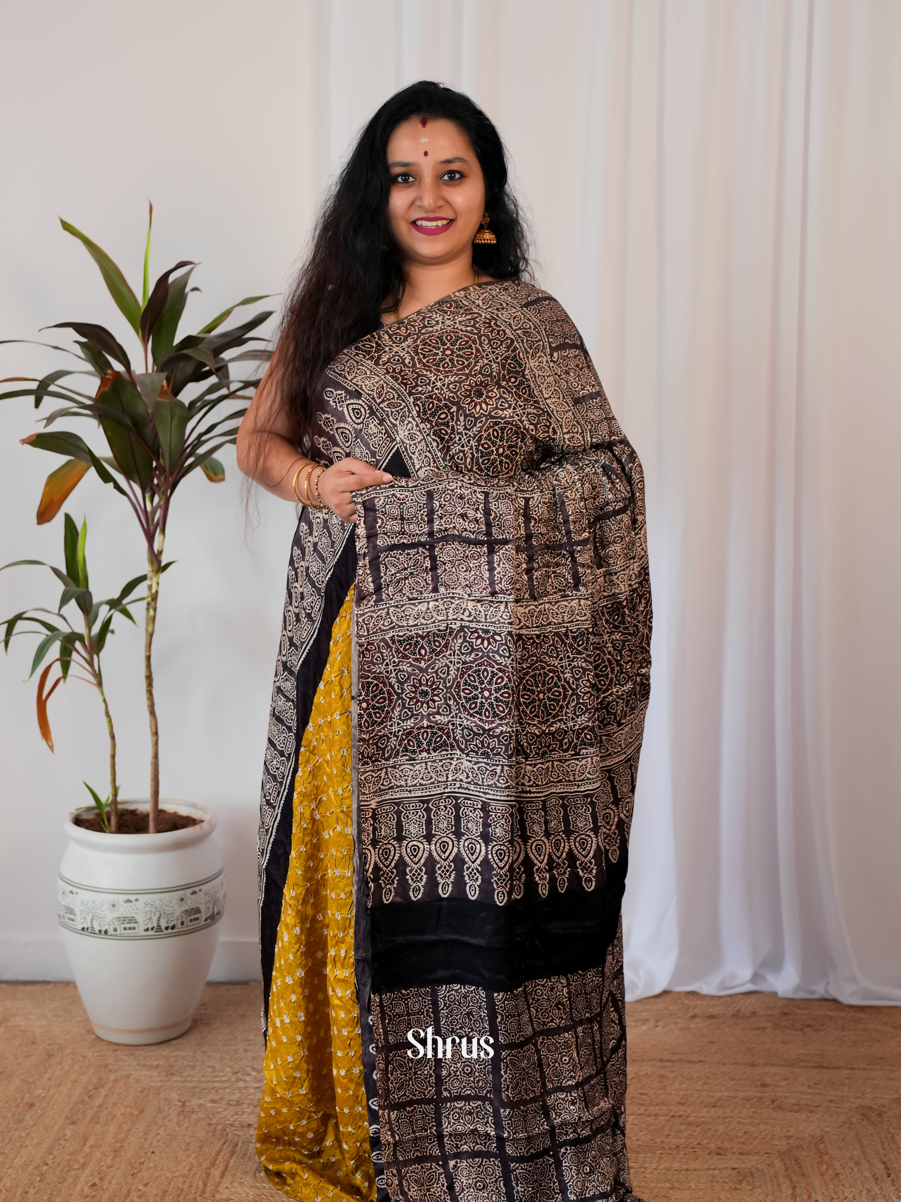 Yellow & Black - Modal Silk Saree - Shop on Shrus.com