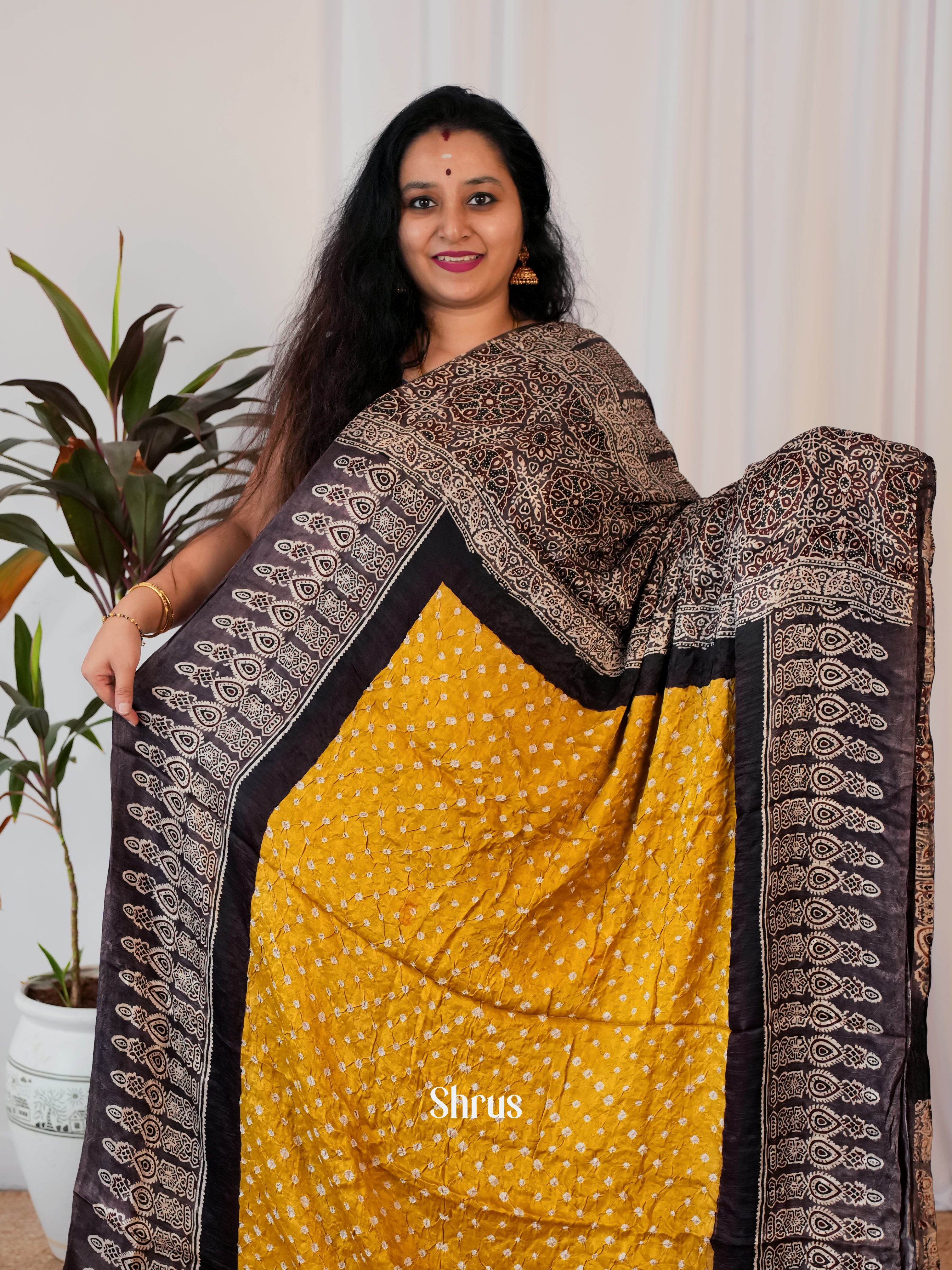 Yellow & Black - Modal Silk Saree - Shop on Shrus.com
