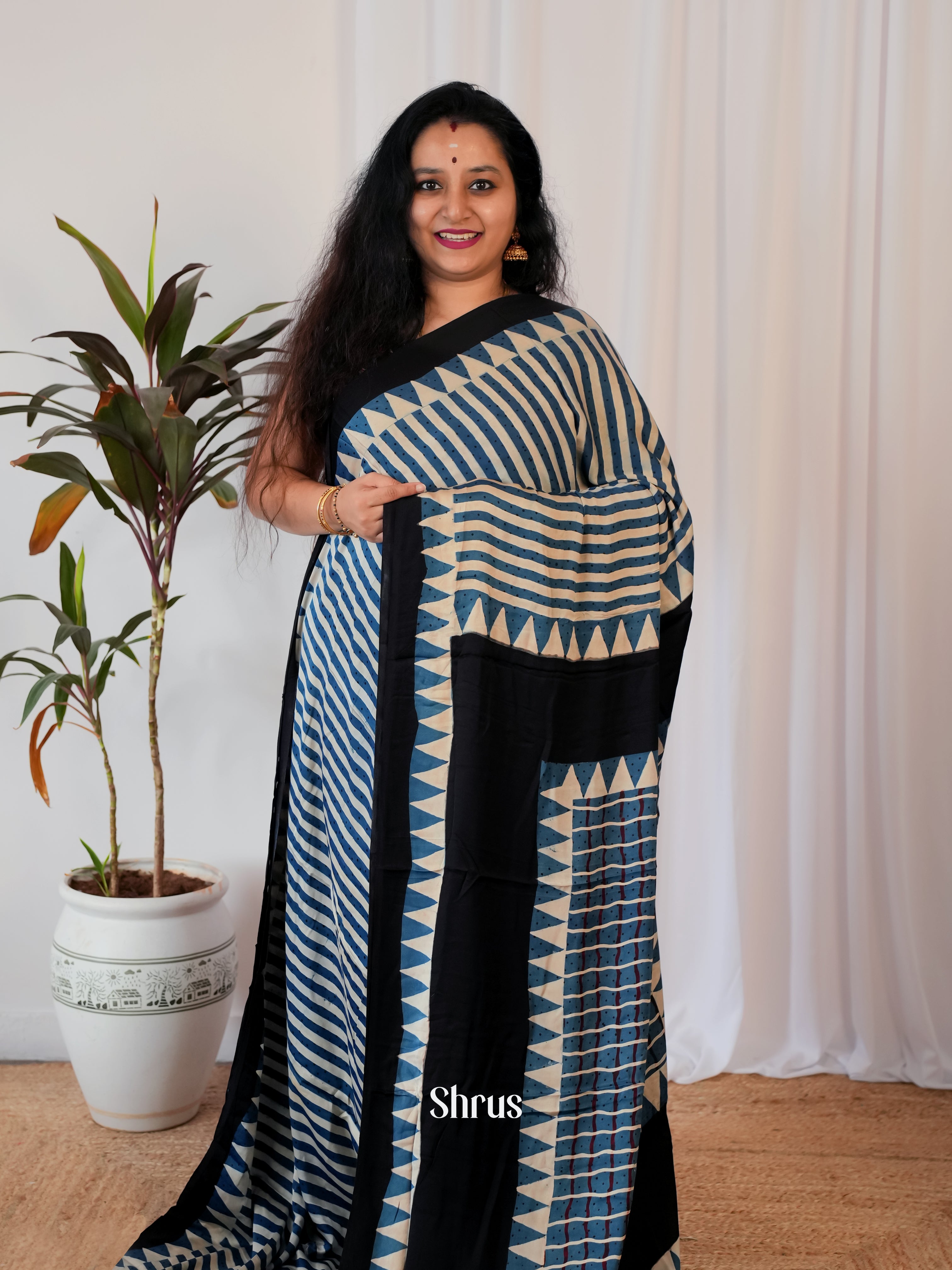 Blue & Cream - Modal Silk Saree - Shop on Shrus.com