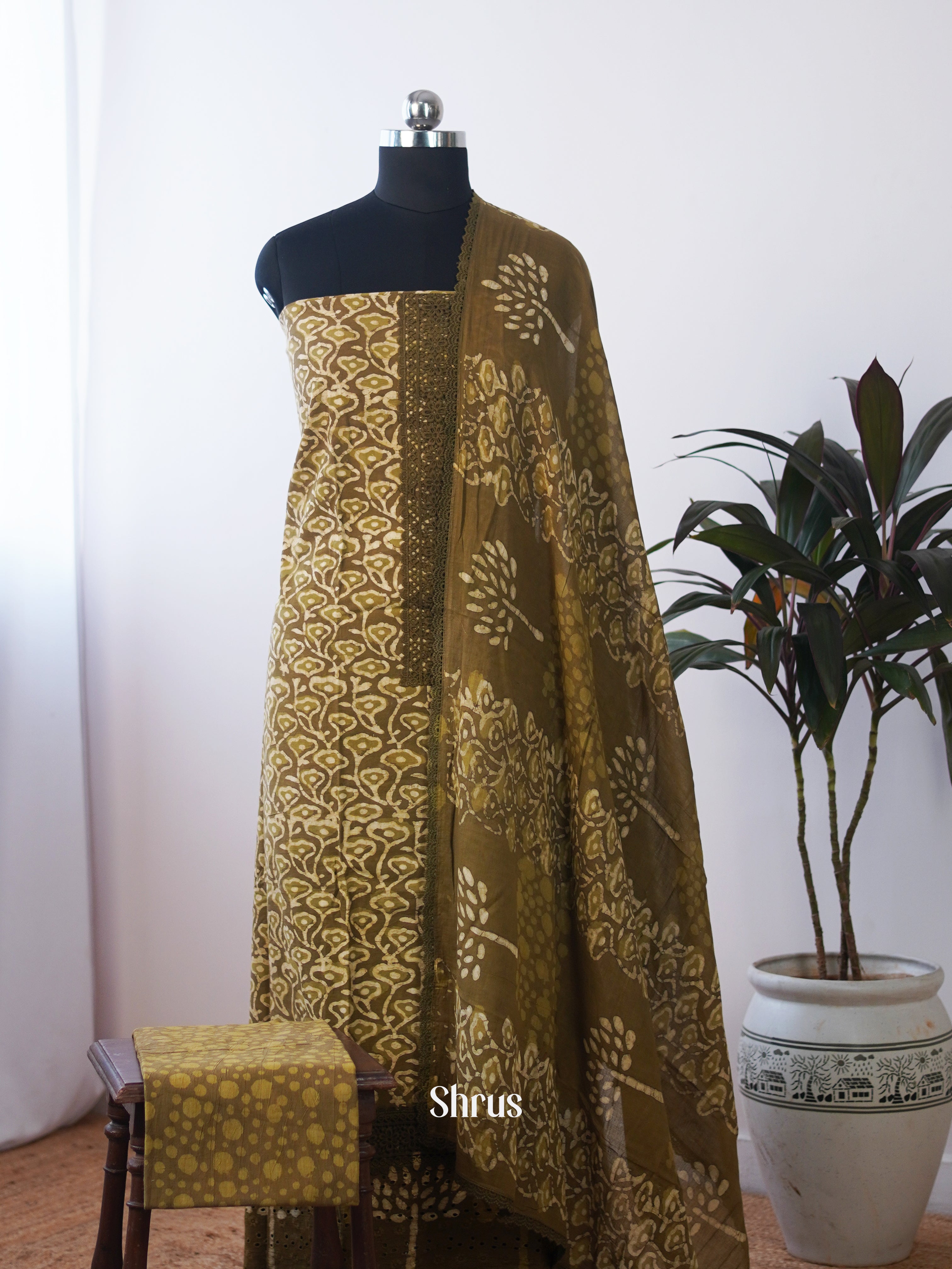 Green - Ajrakh Salwar Unstitched Top, Bottom & Dupatta - CIS13149 - Shop on Shrus.com