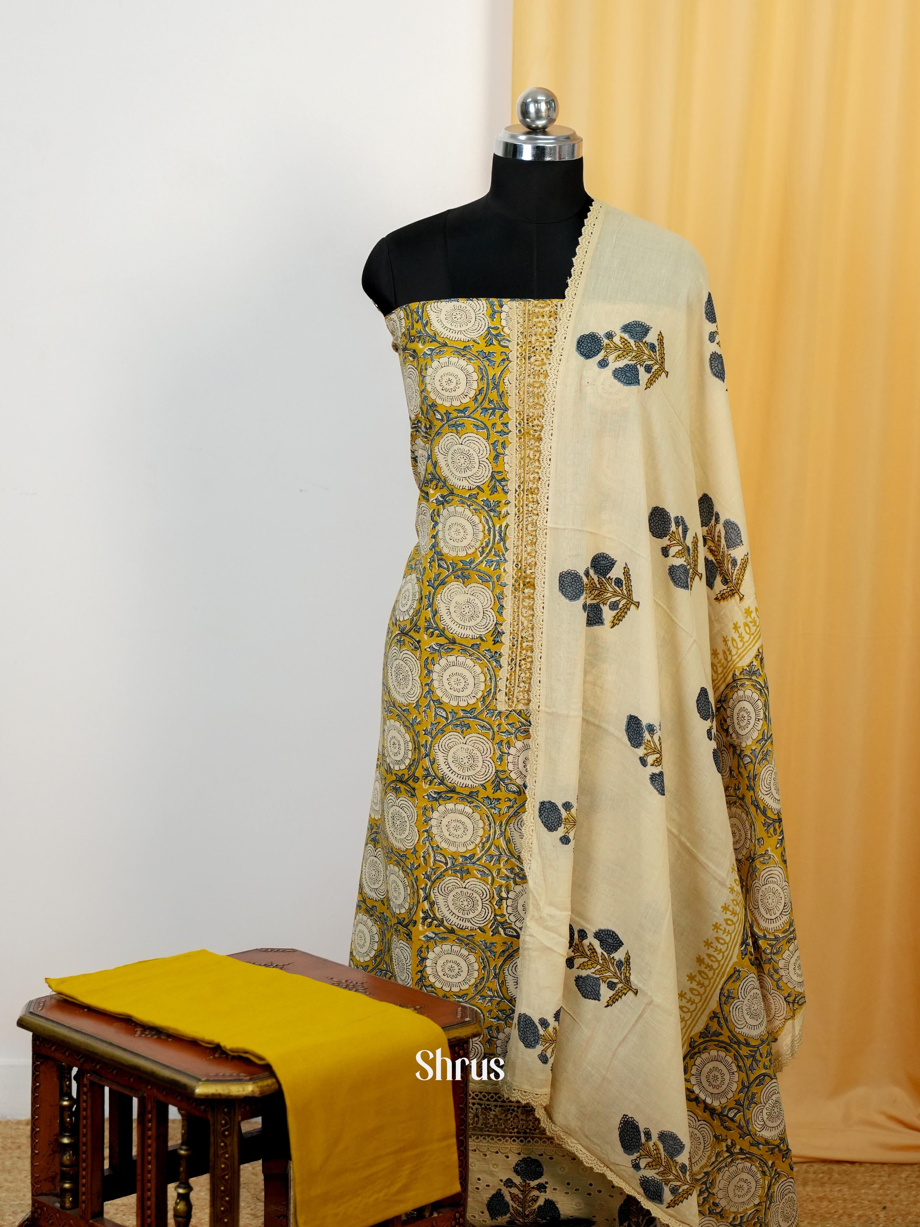 Yellow & Cream - Ajrakh Salwar Unstitched Top, Bottom & Dupatta - CIS13190 - Shop on Shrus.com