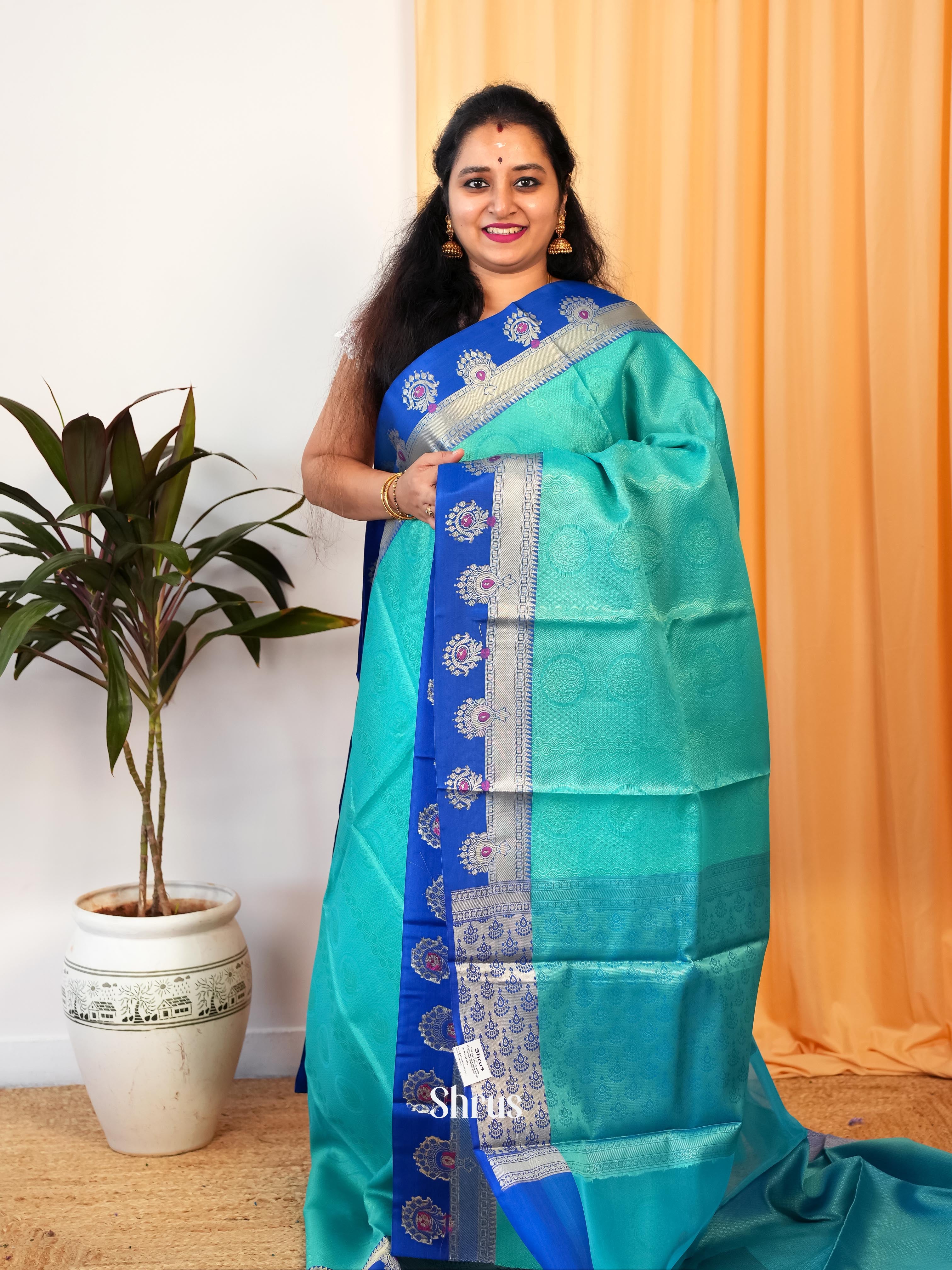 Teal & Blue - Tanchoi Saree - Shop on Shrus.com