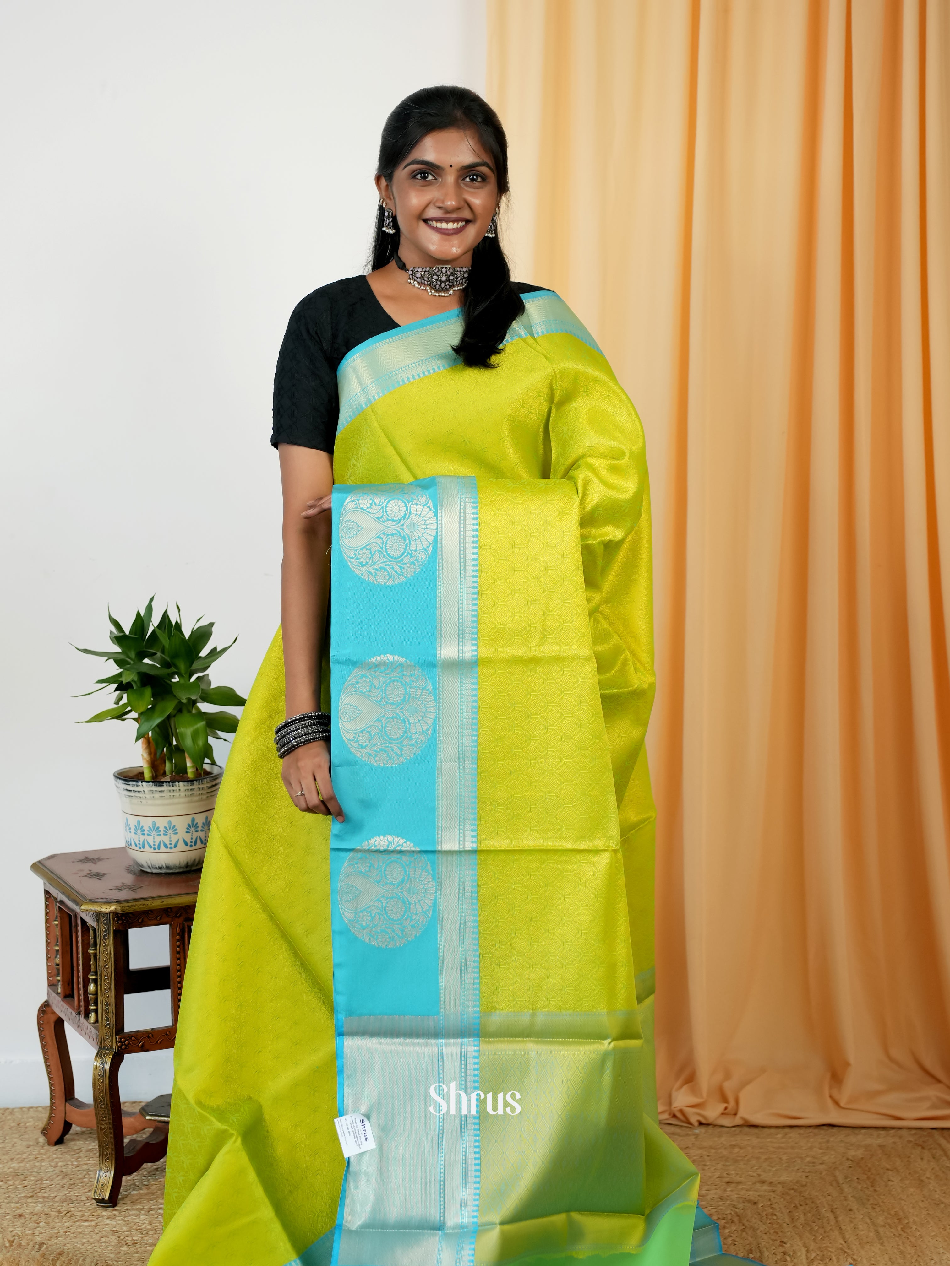 Lime Green & Teal - Tanchoi Saree - Shop on Shrus.com