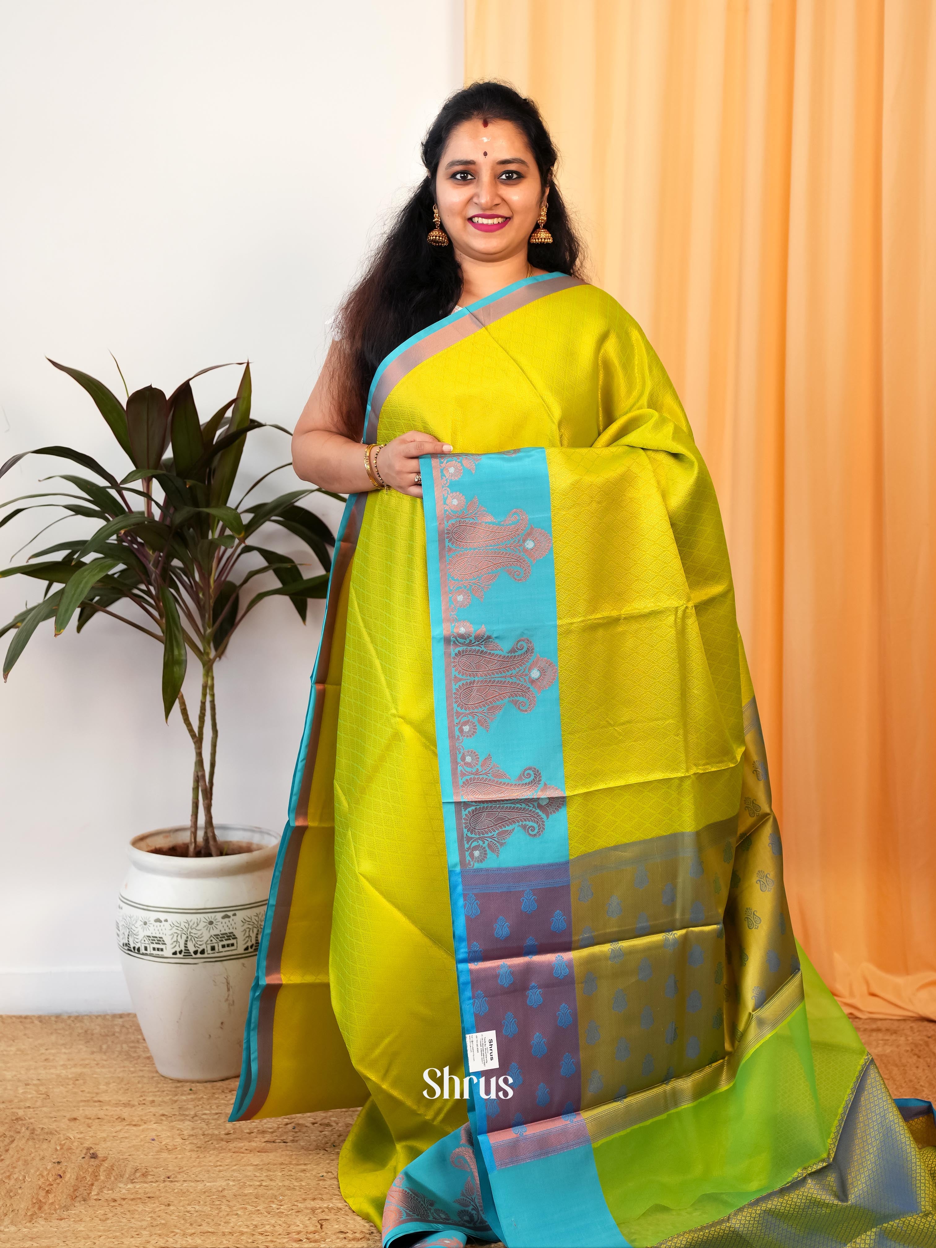 Lime Green & Blue - Tanchoi Saree - Shop on Shrus.com