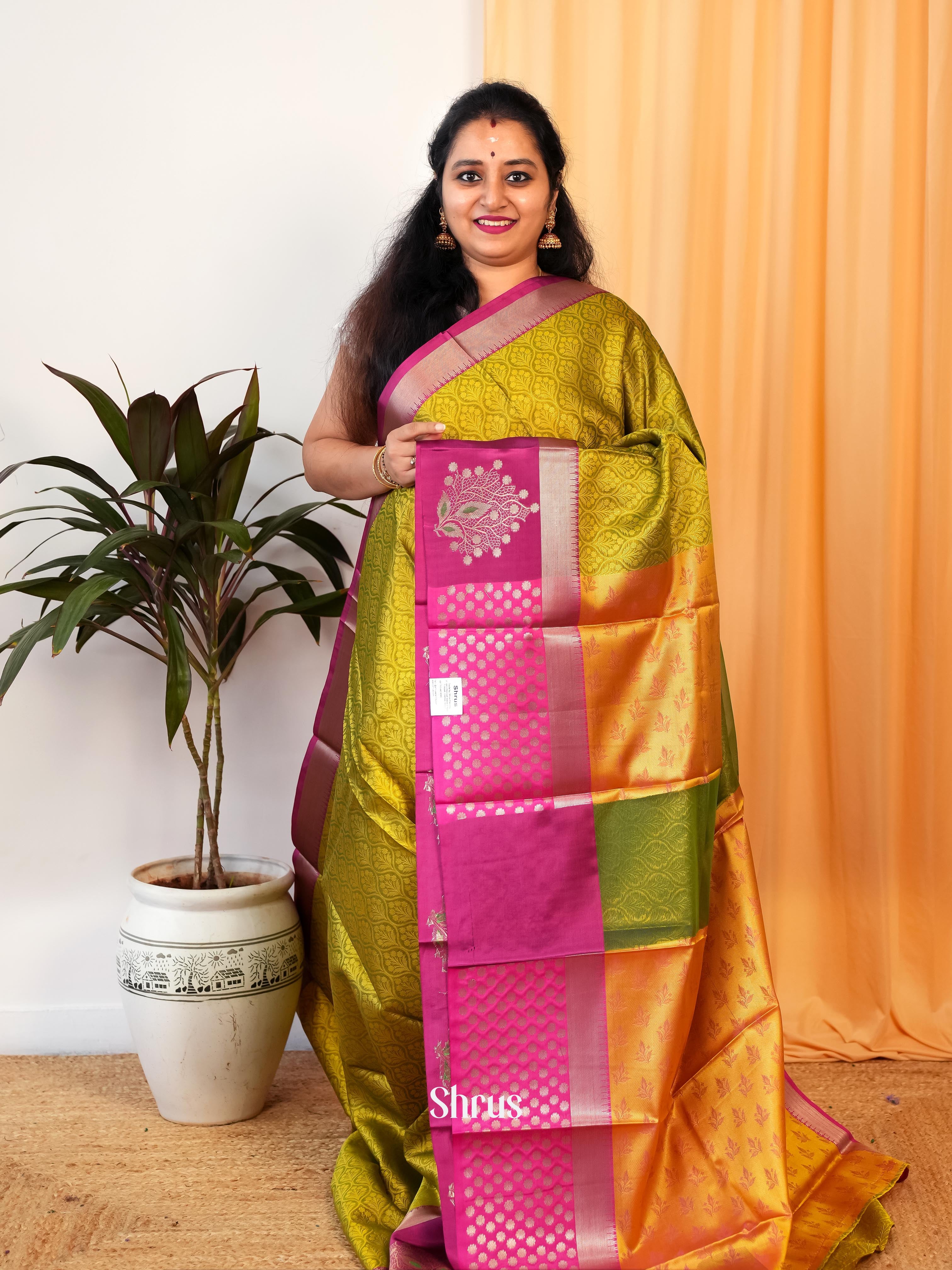 Mustardy Green & Pink - Tanchoi Saree - Shop on Shrus.com