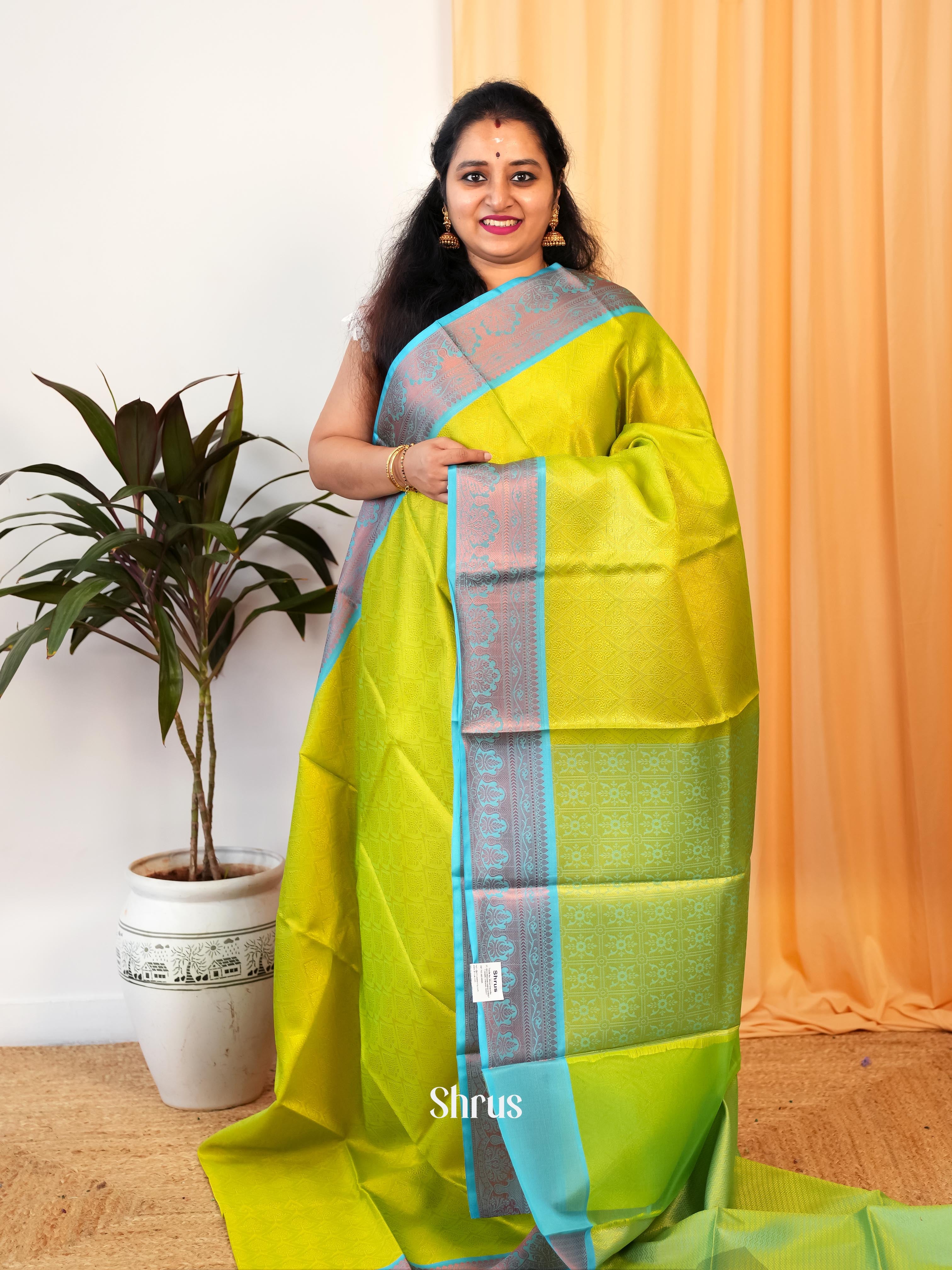 Lime Green & Blue - Tanchoi Saree - Shop on Shrus.com