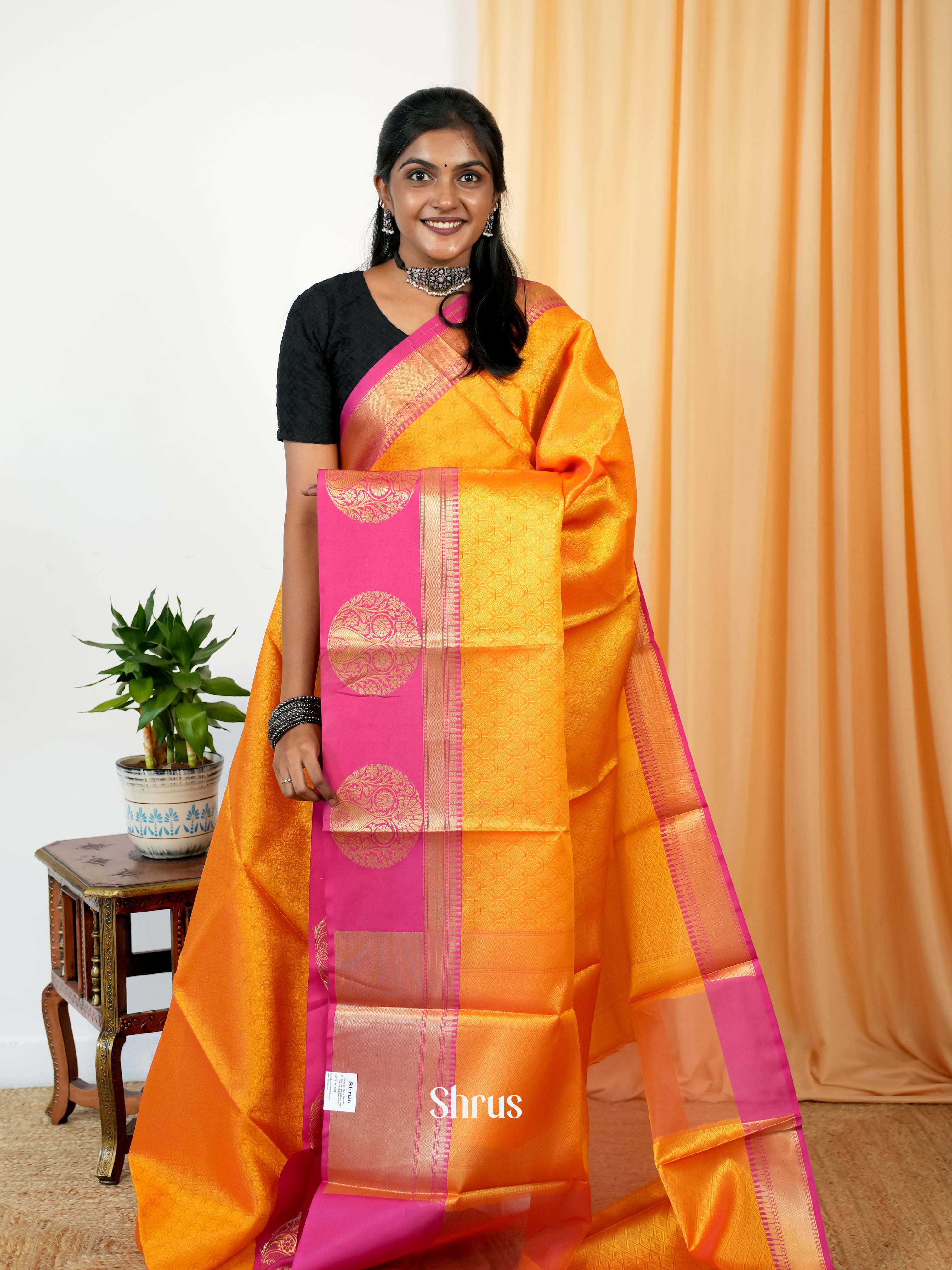 Mustard & Pink - Tanchoi Saree - Shop on Shrus.com