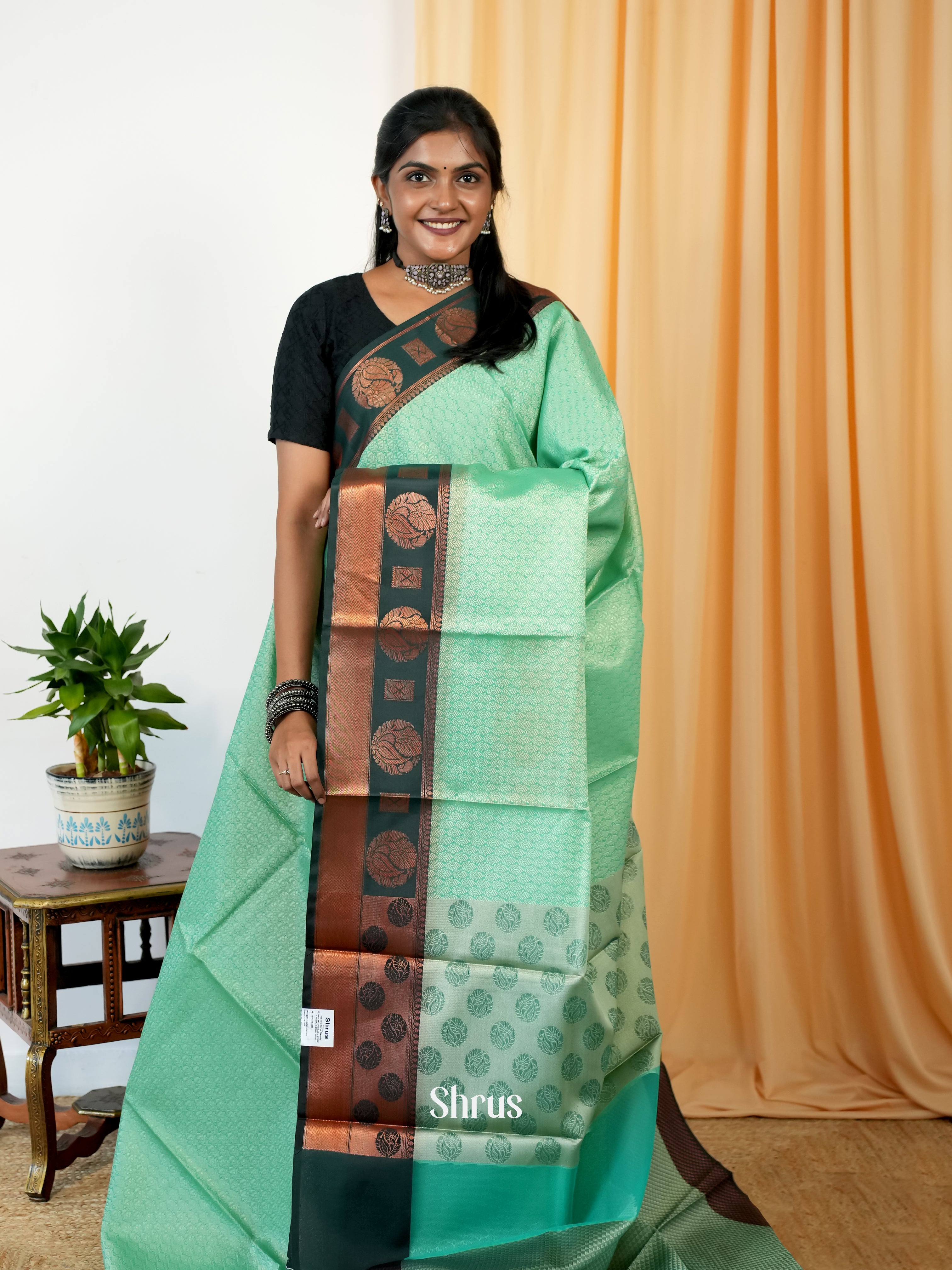 Aqua Green & Green- Tanchoi Saree - Shop on Shrus.com