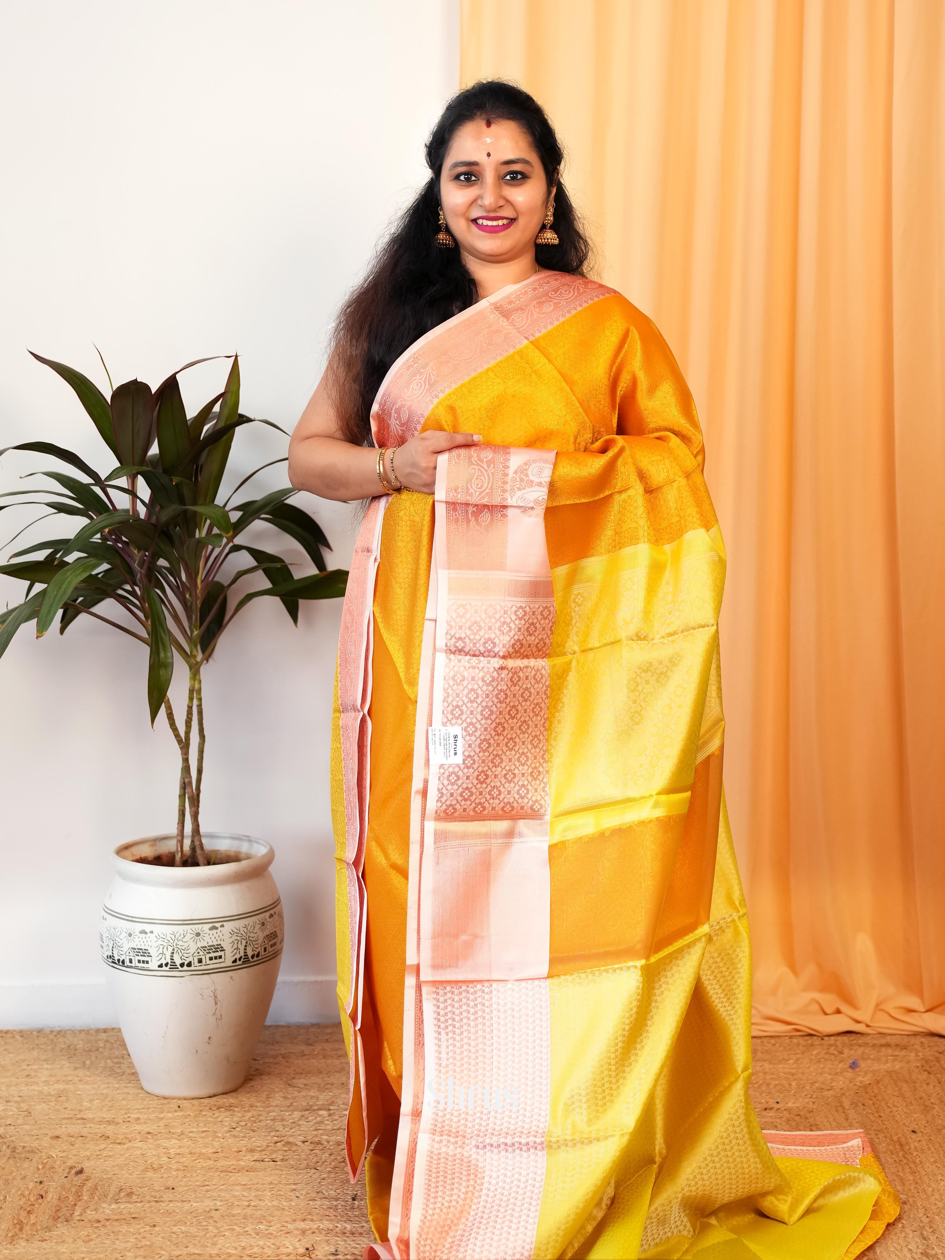 Mustard & Peach- Tanchoi Saree - Shop on Shrus.com