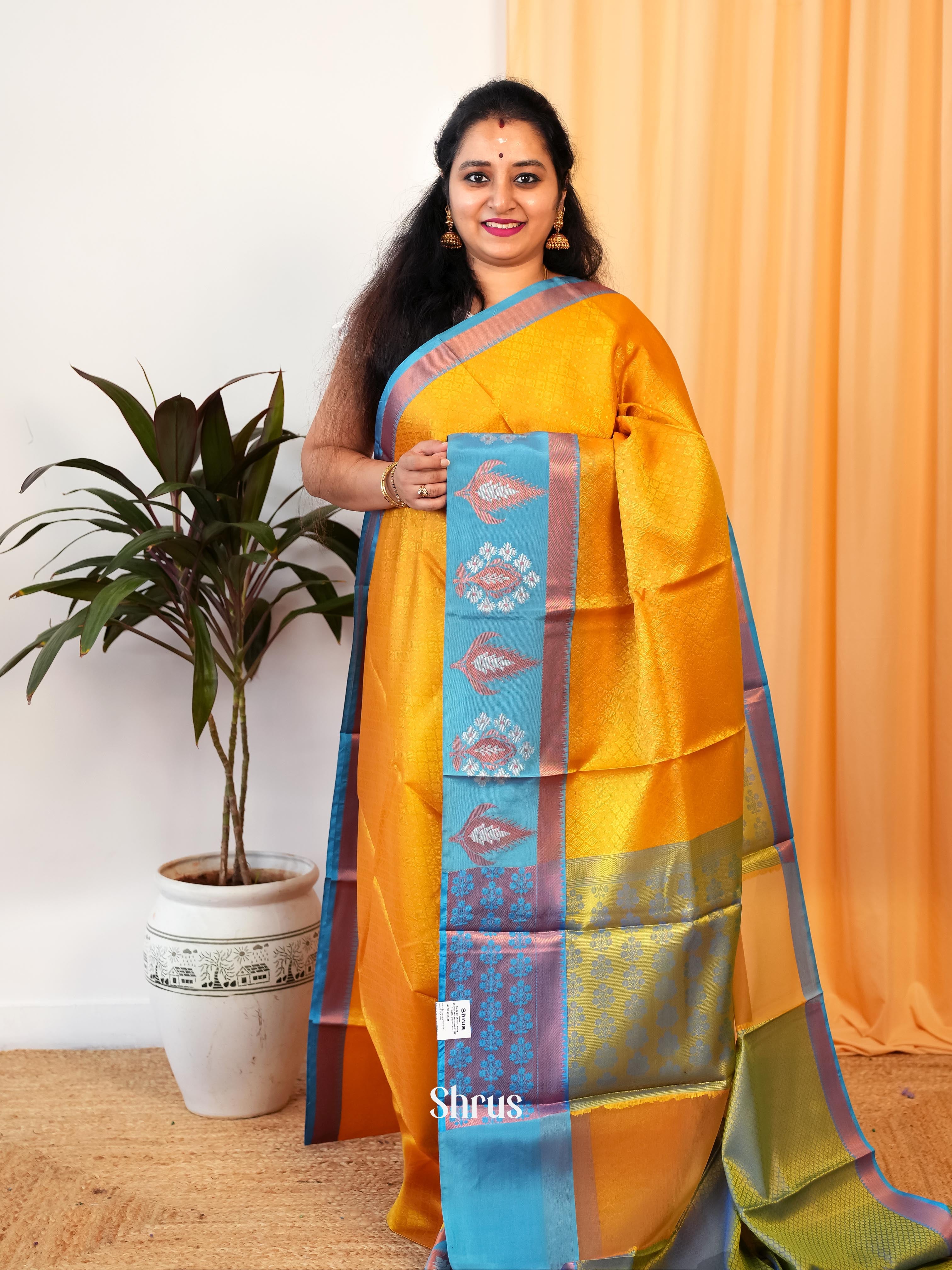 Mustard & Blue - Tanchoi Saree - Shop on Shrus.com