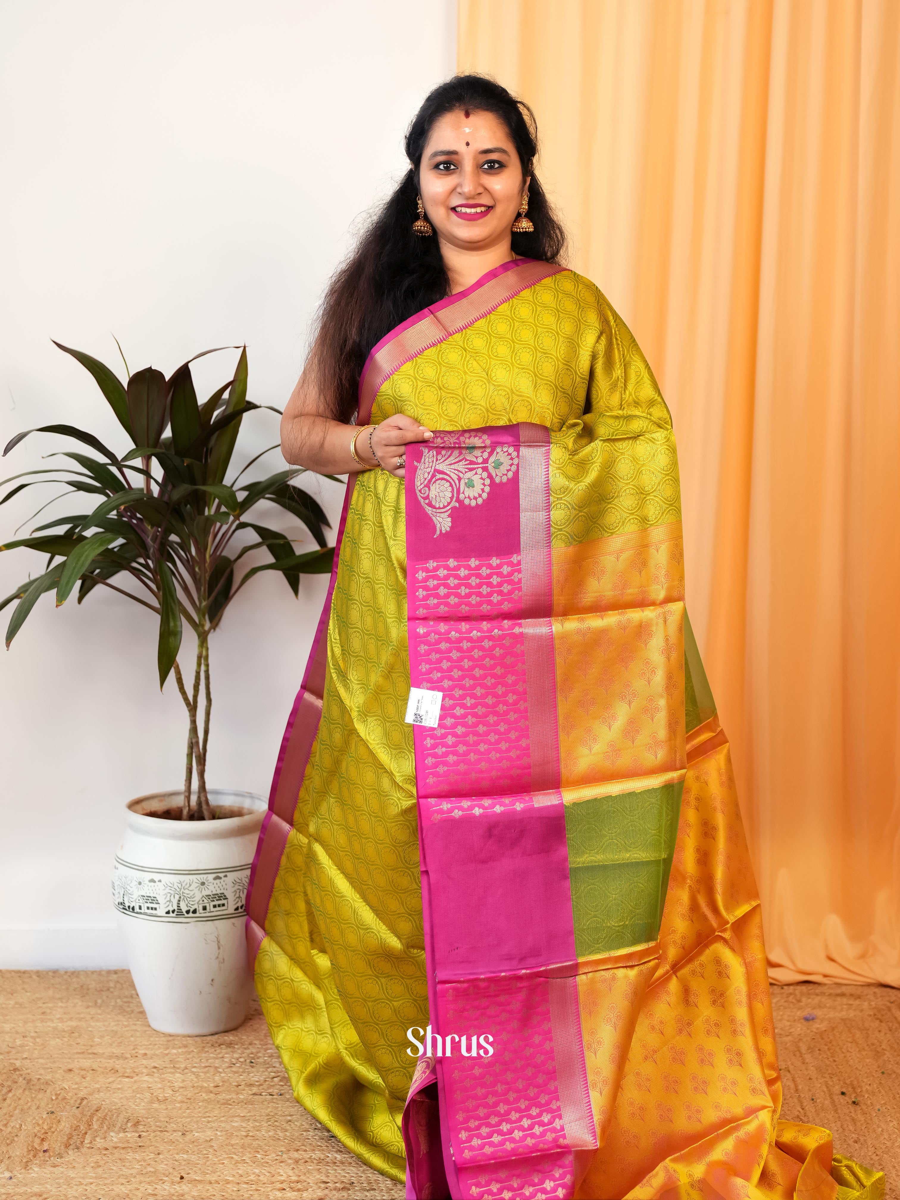 Yellowish Green & Pink - Tanchoi Saree - Shop on Shrus.com