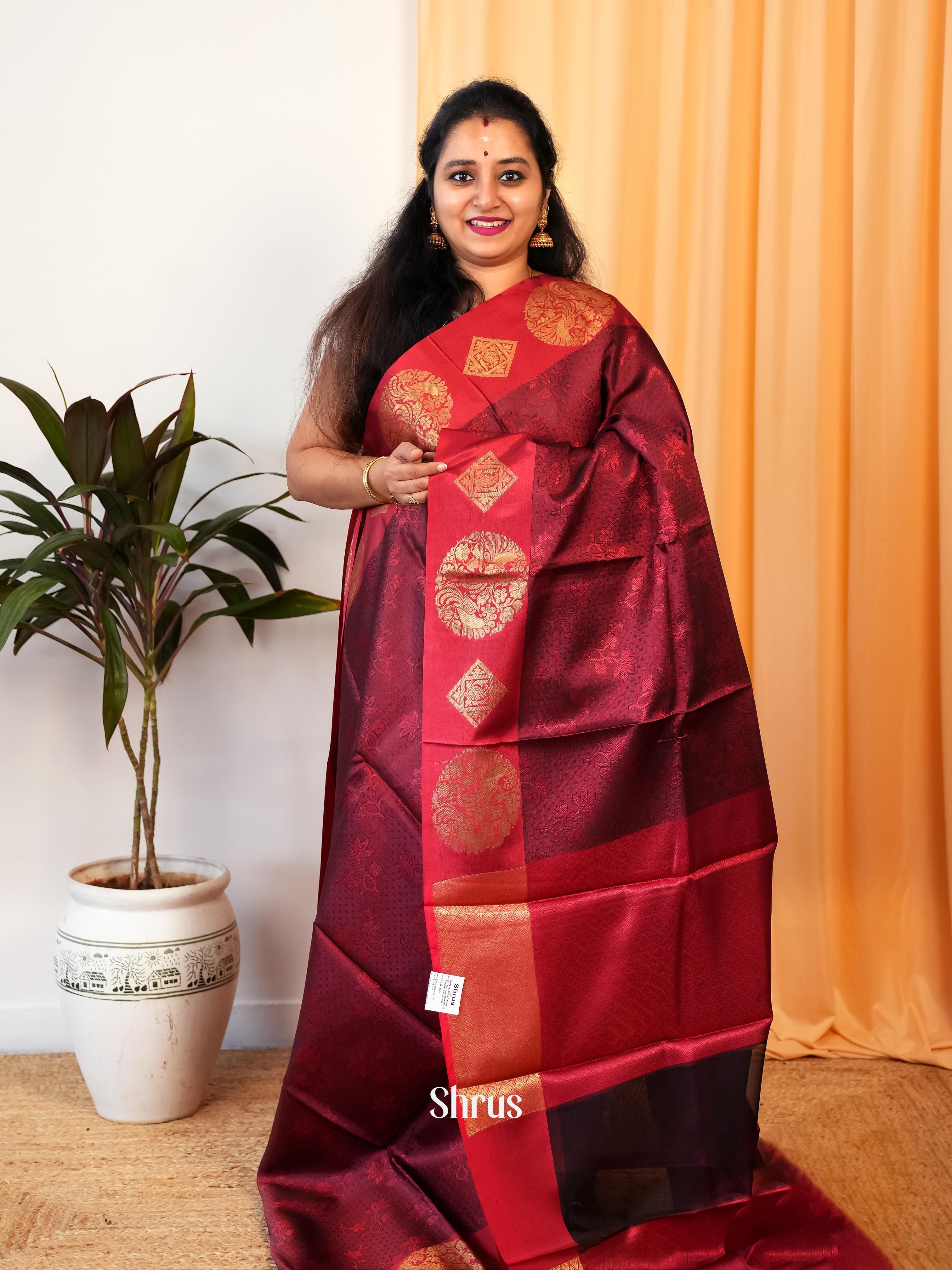 Maroon & Red - Tanchoi Saree - Shop on Shrus.com
