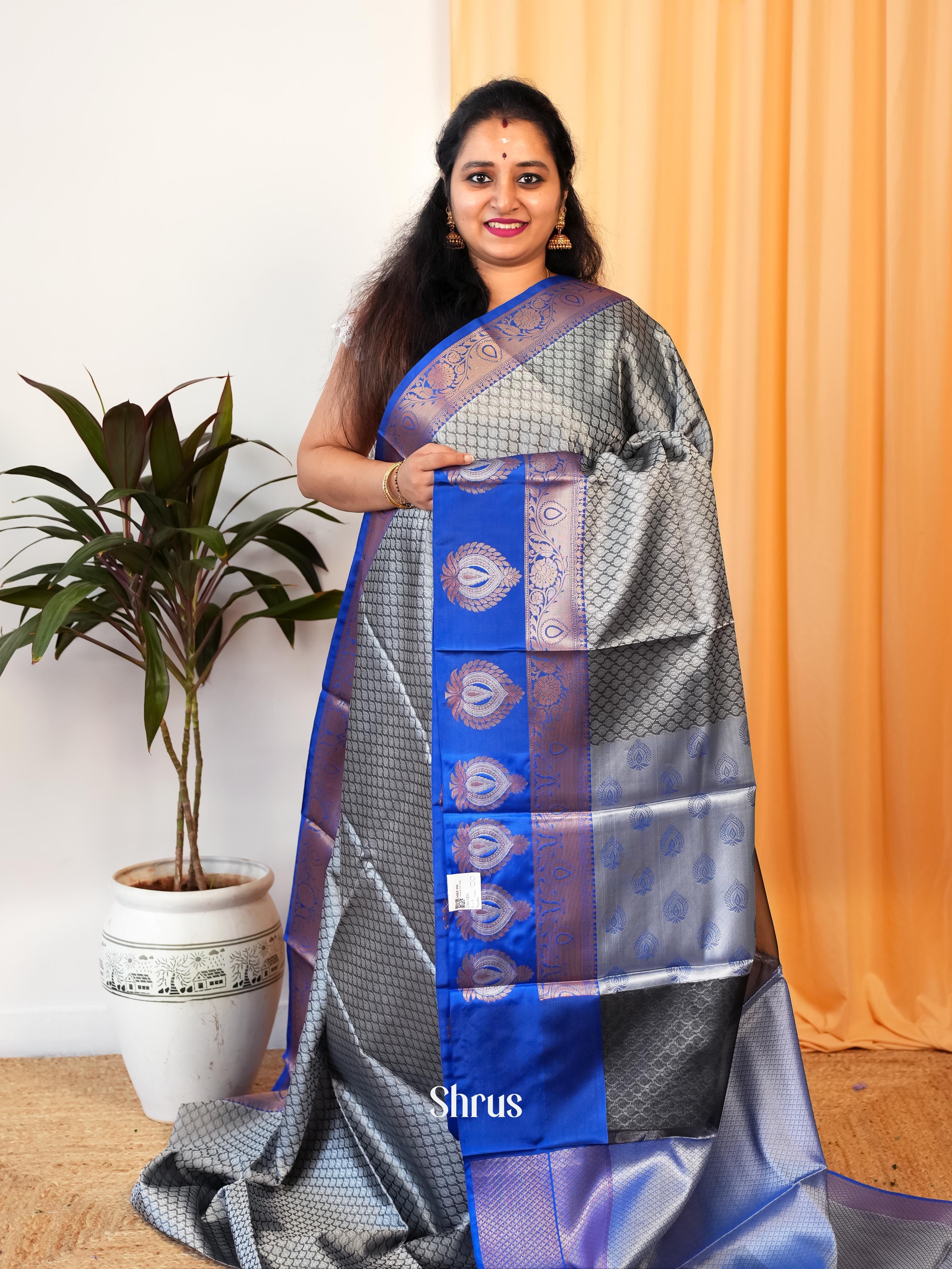 Grey & Blue - Tanchoi Saree - Shop on Shrus.com