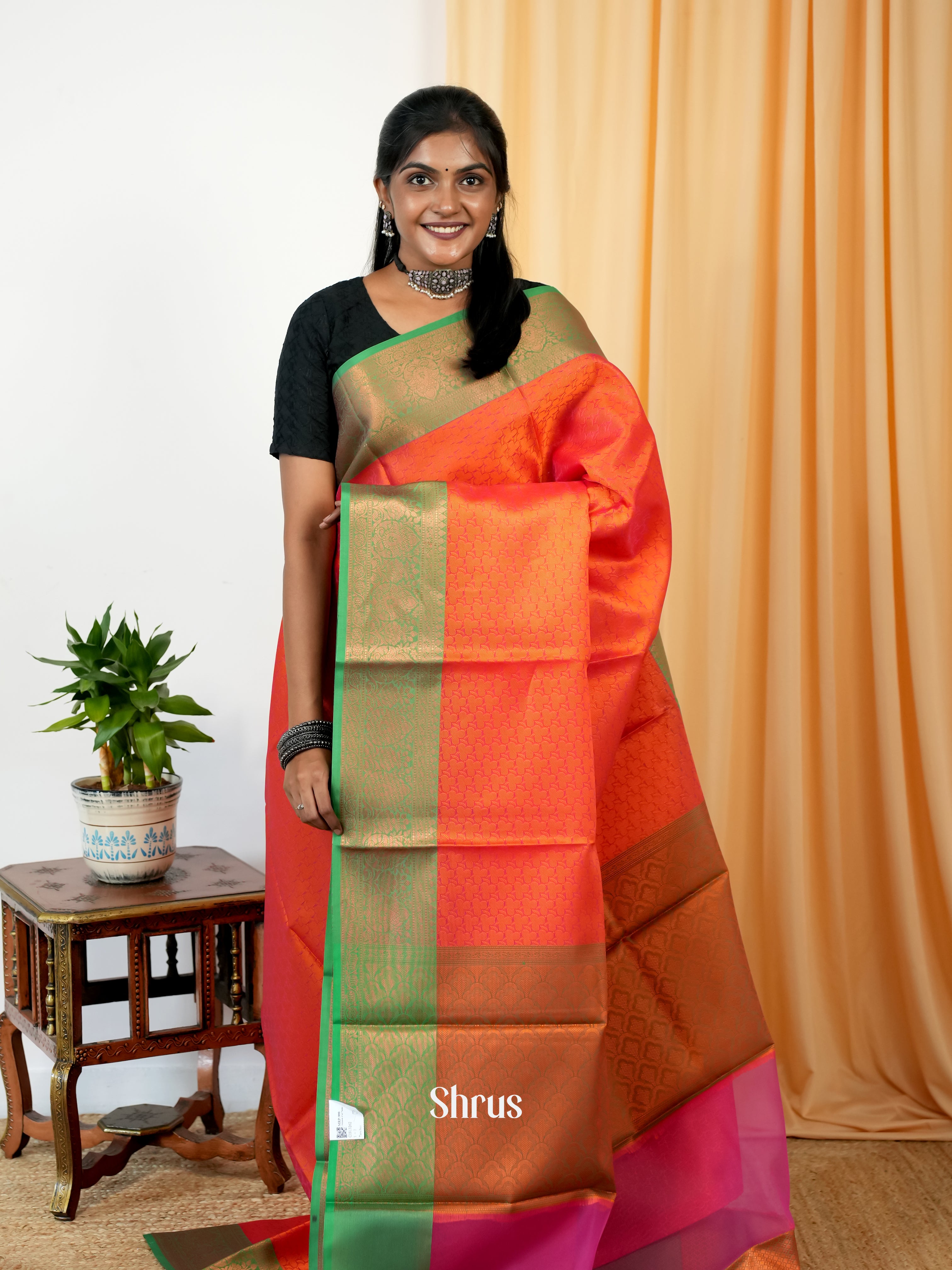 Orange & Green - Tanchoi Saree - Shop on Shrus.com