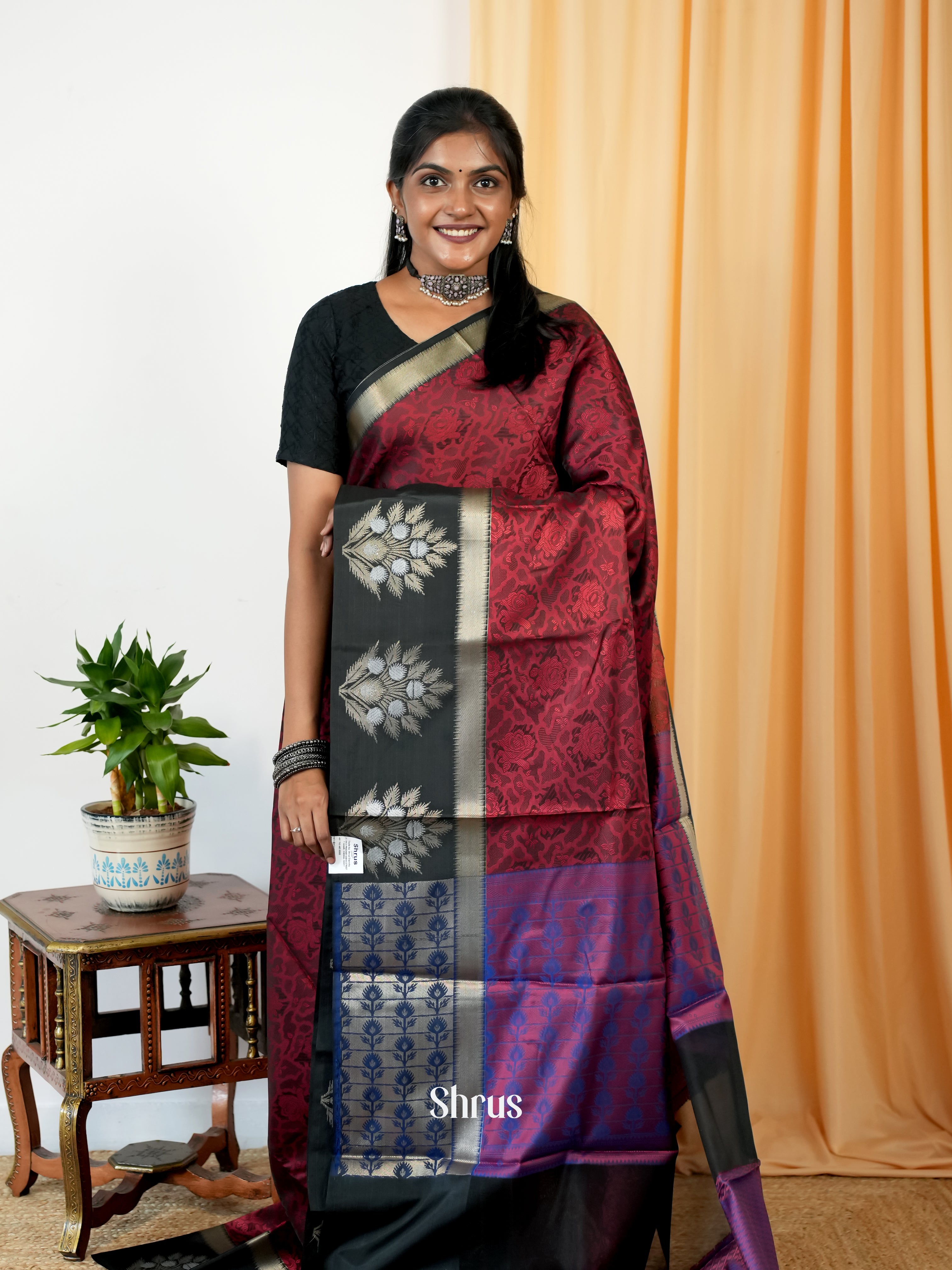 Maroon & Black - Tanchoi Saree - Shop on Shrus.com