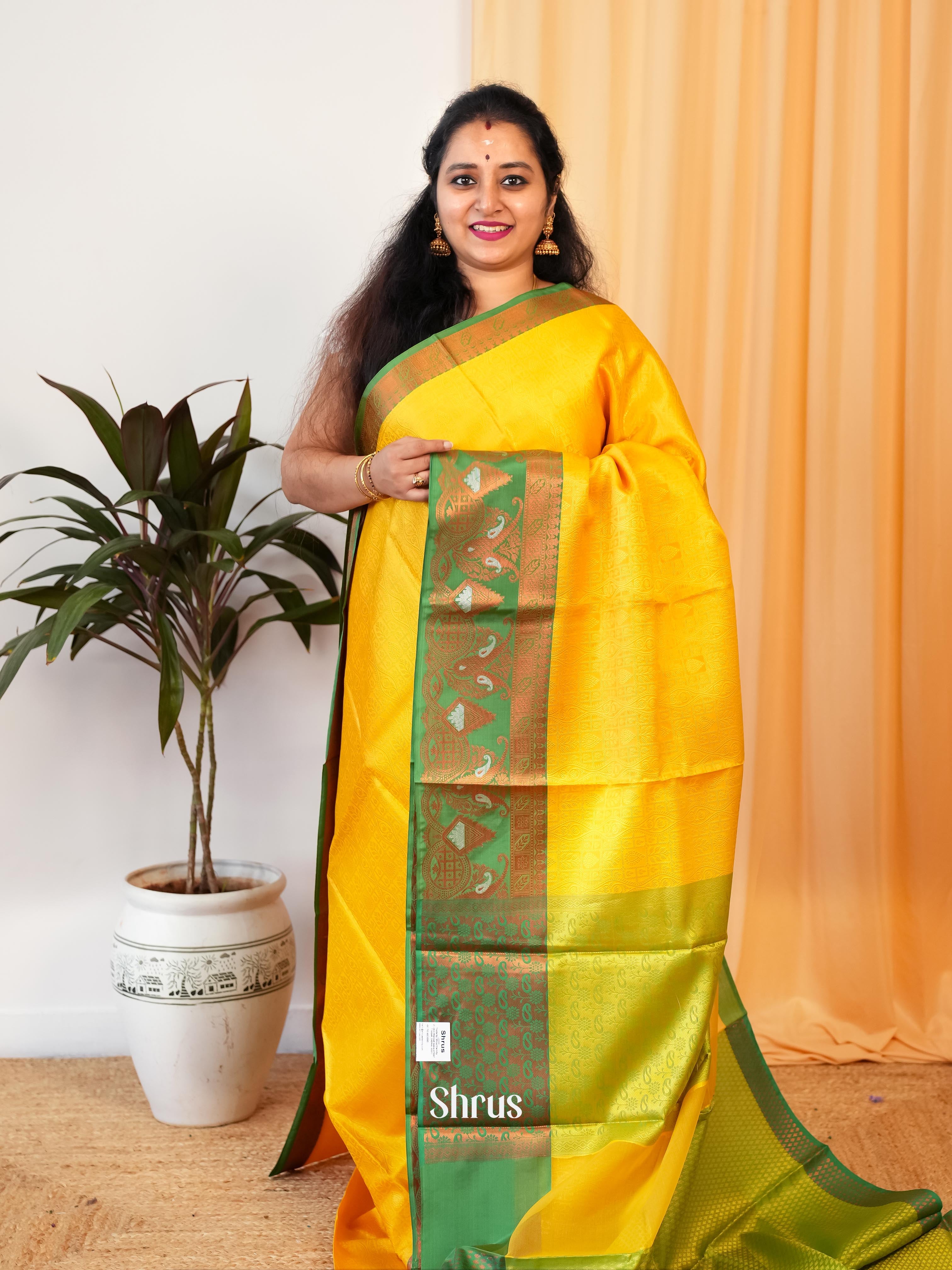 Yellow & Green - Tanchoi Saree - Shop on Shrus.com