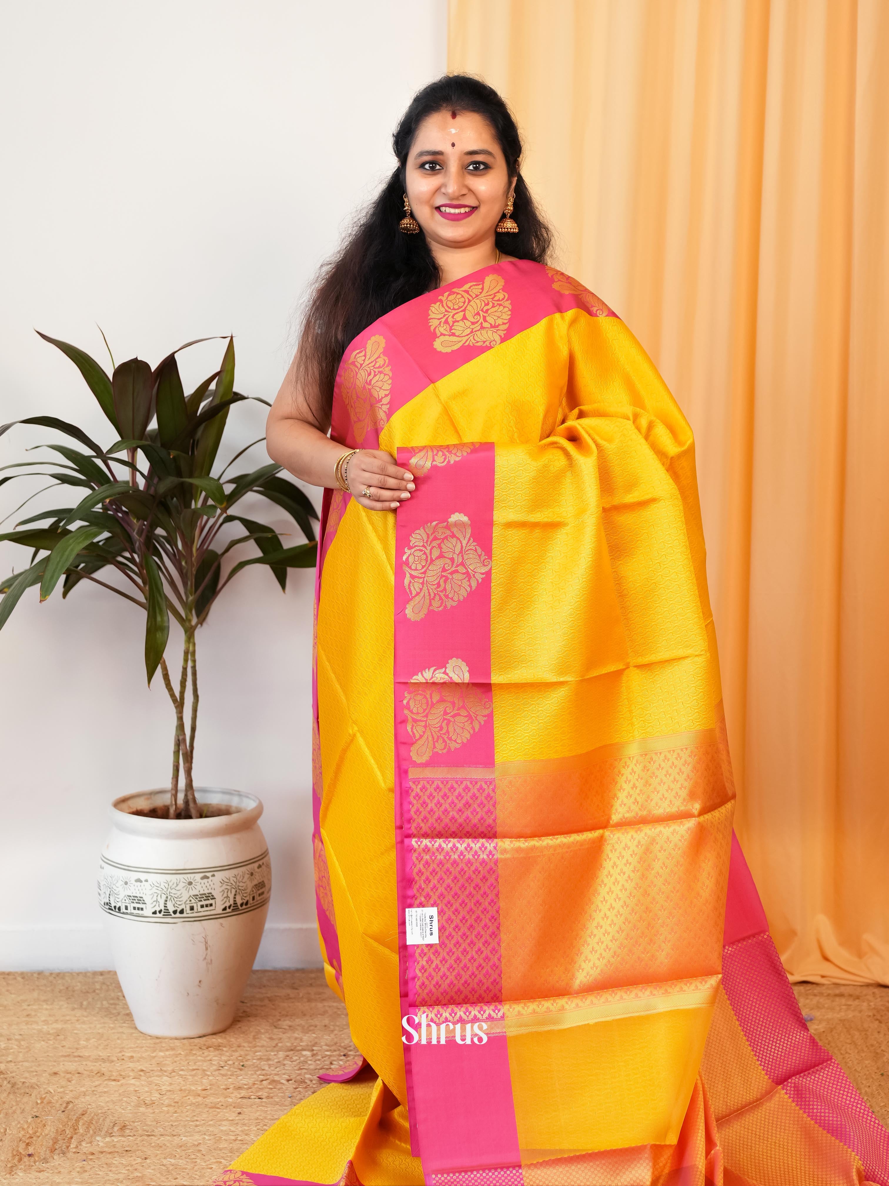 Yellow & Pink - Tanchoi Saree - Shop on Shrus.com