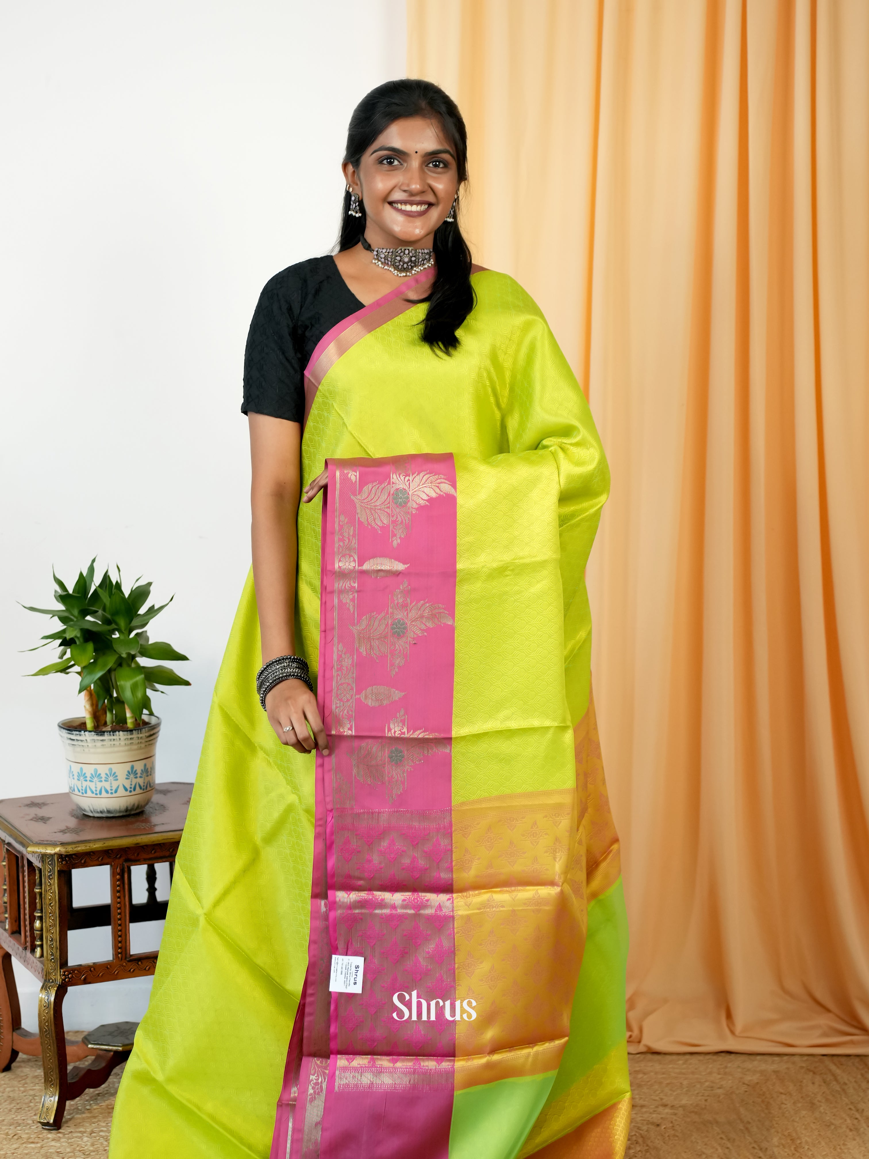 Florescent Green & Pink- Tanchoi Saree - Shop on Shrus.com