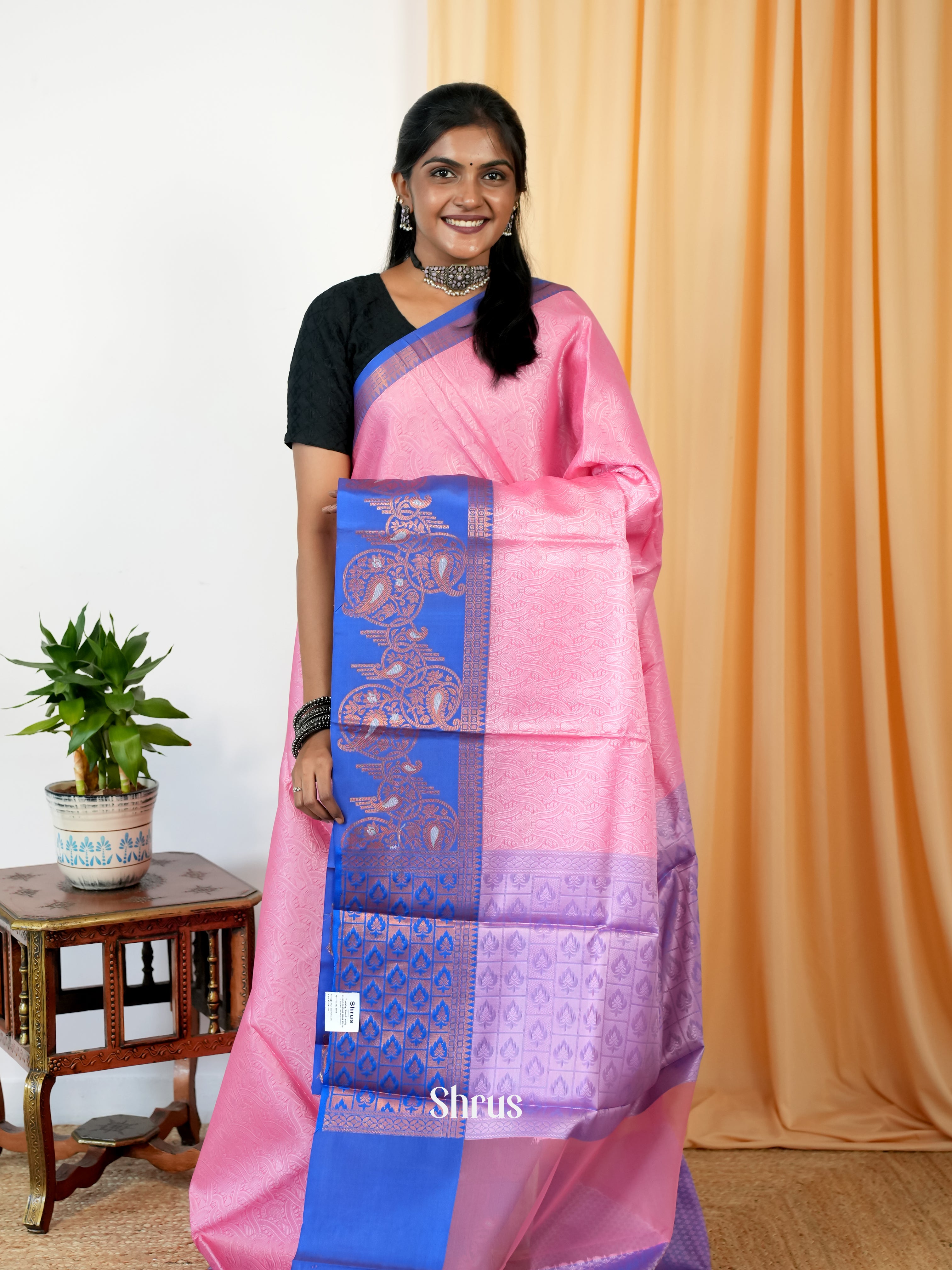 Pink & Blue- Tanchoi Saree - Shop on Shrus.com
