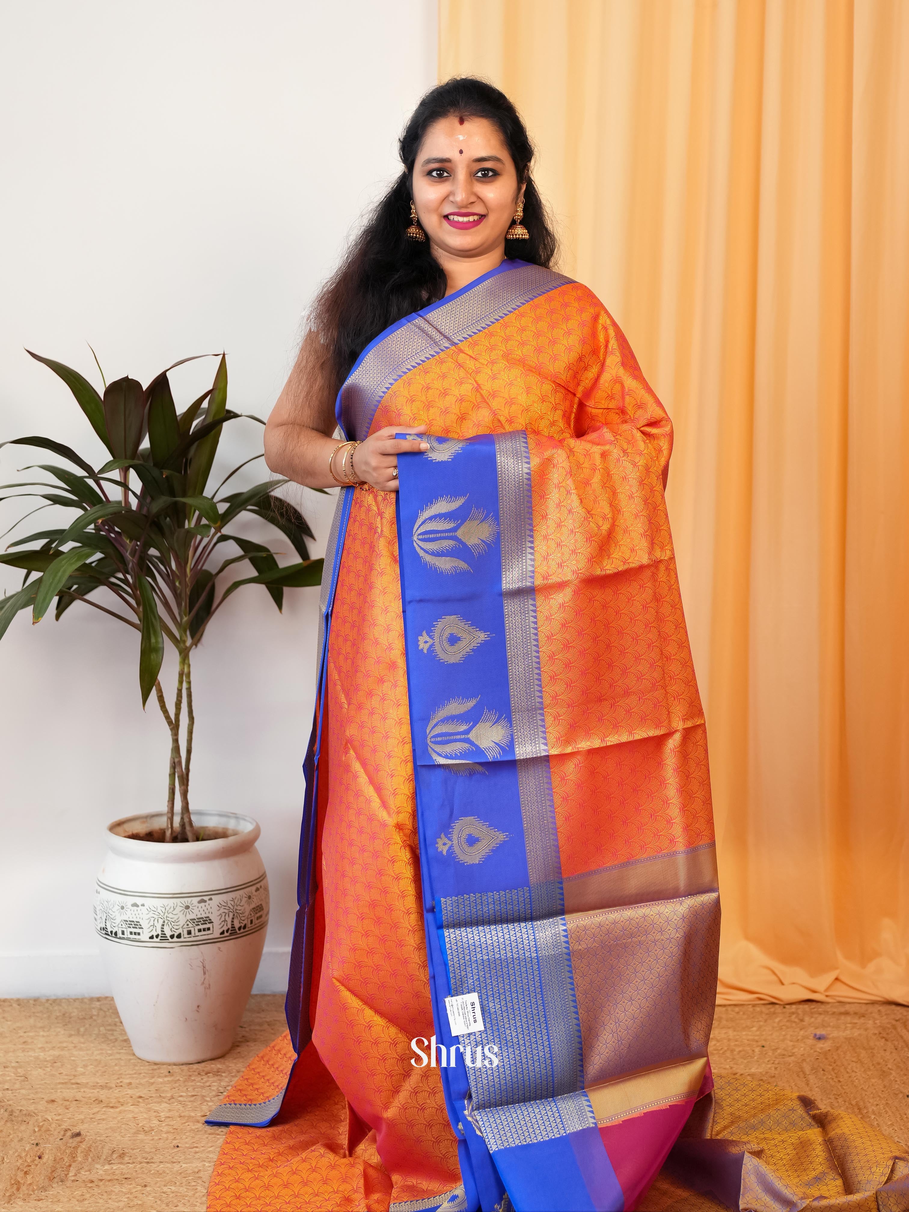 Orange & Blue - Tanchoi Saree - Shop on Shrus.com