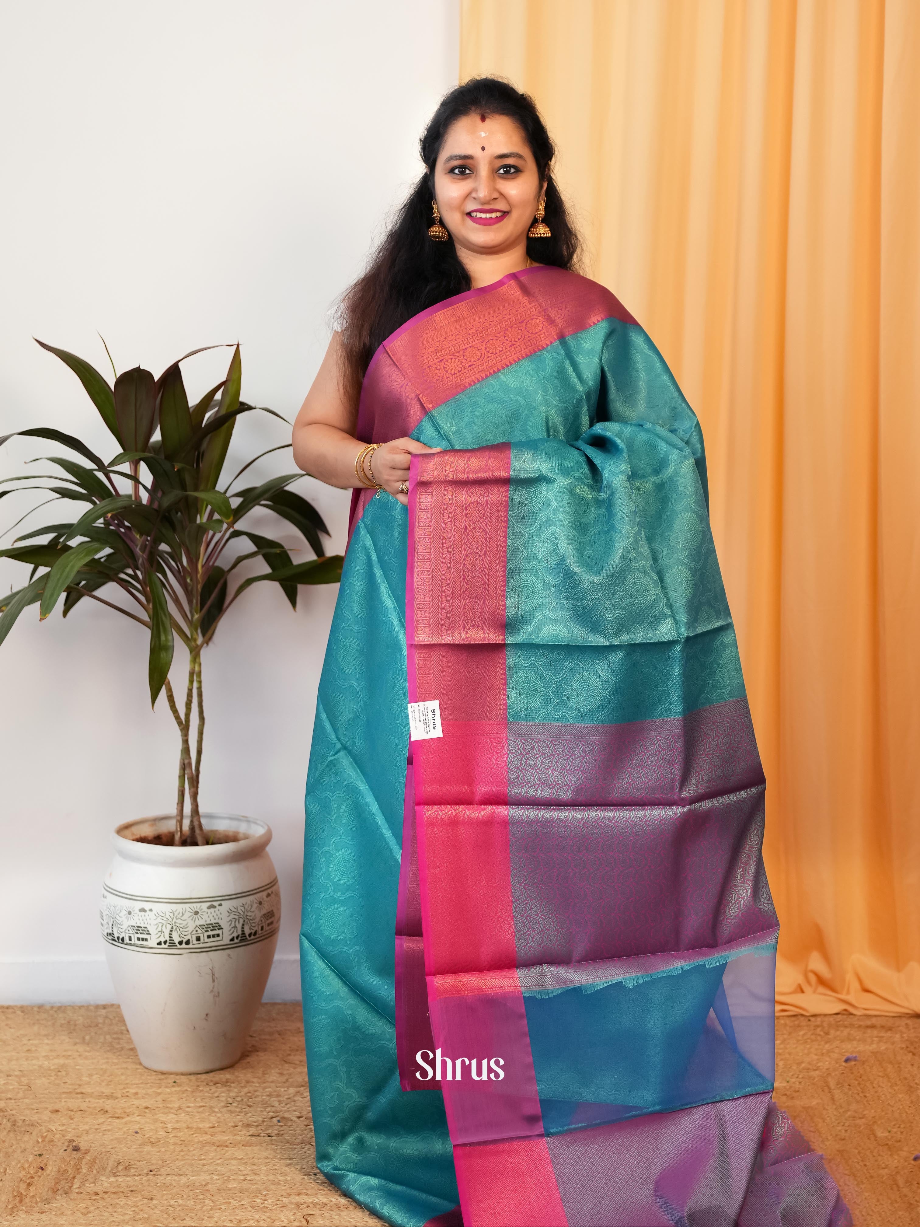 Teal & Pink - Tanchoi Saree - Shop on Shrus.com