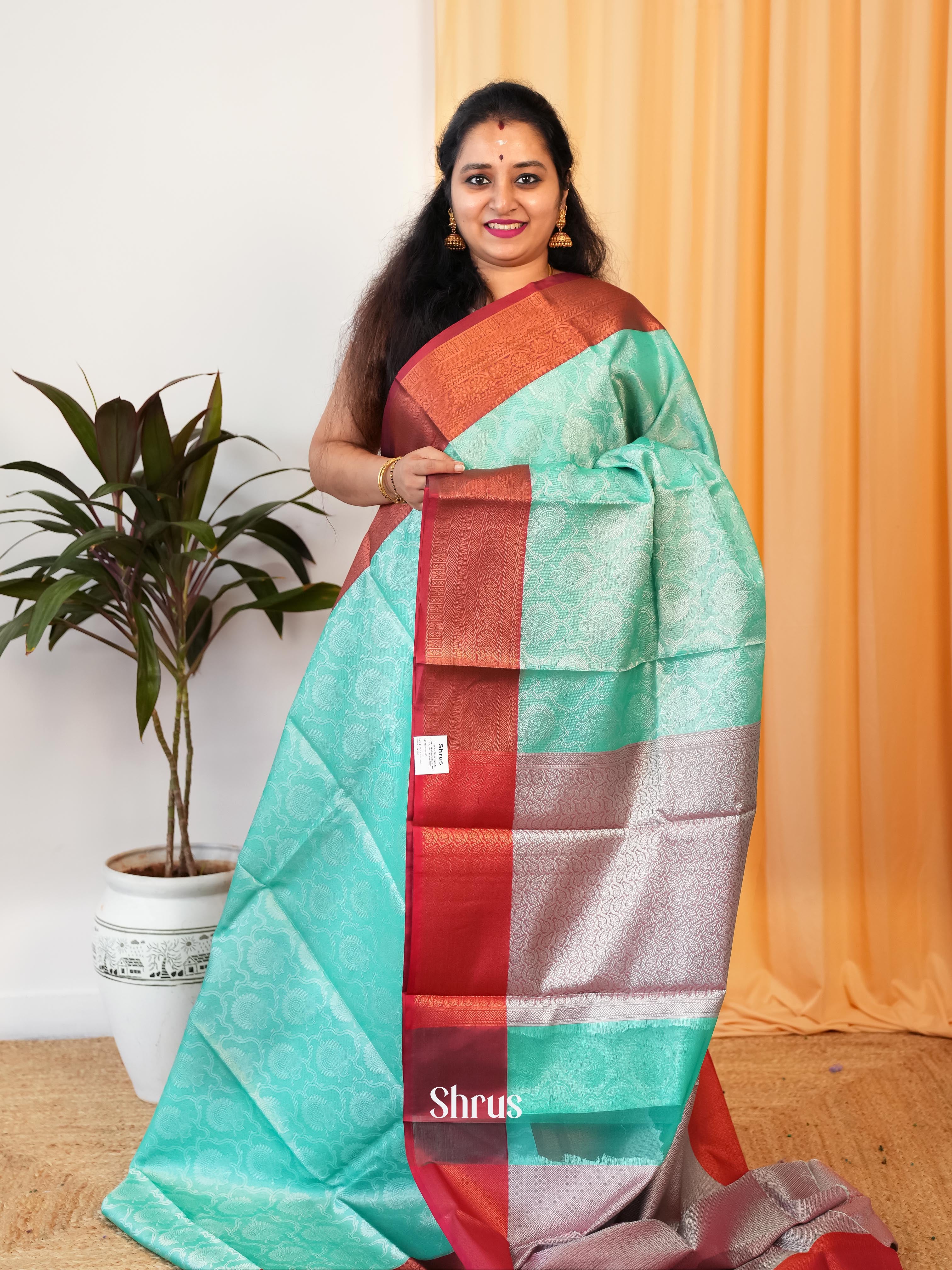 Aqua & Red- Tanchoi Saree - Shop on Shrus.com
