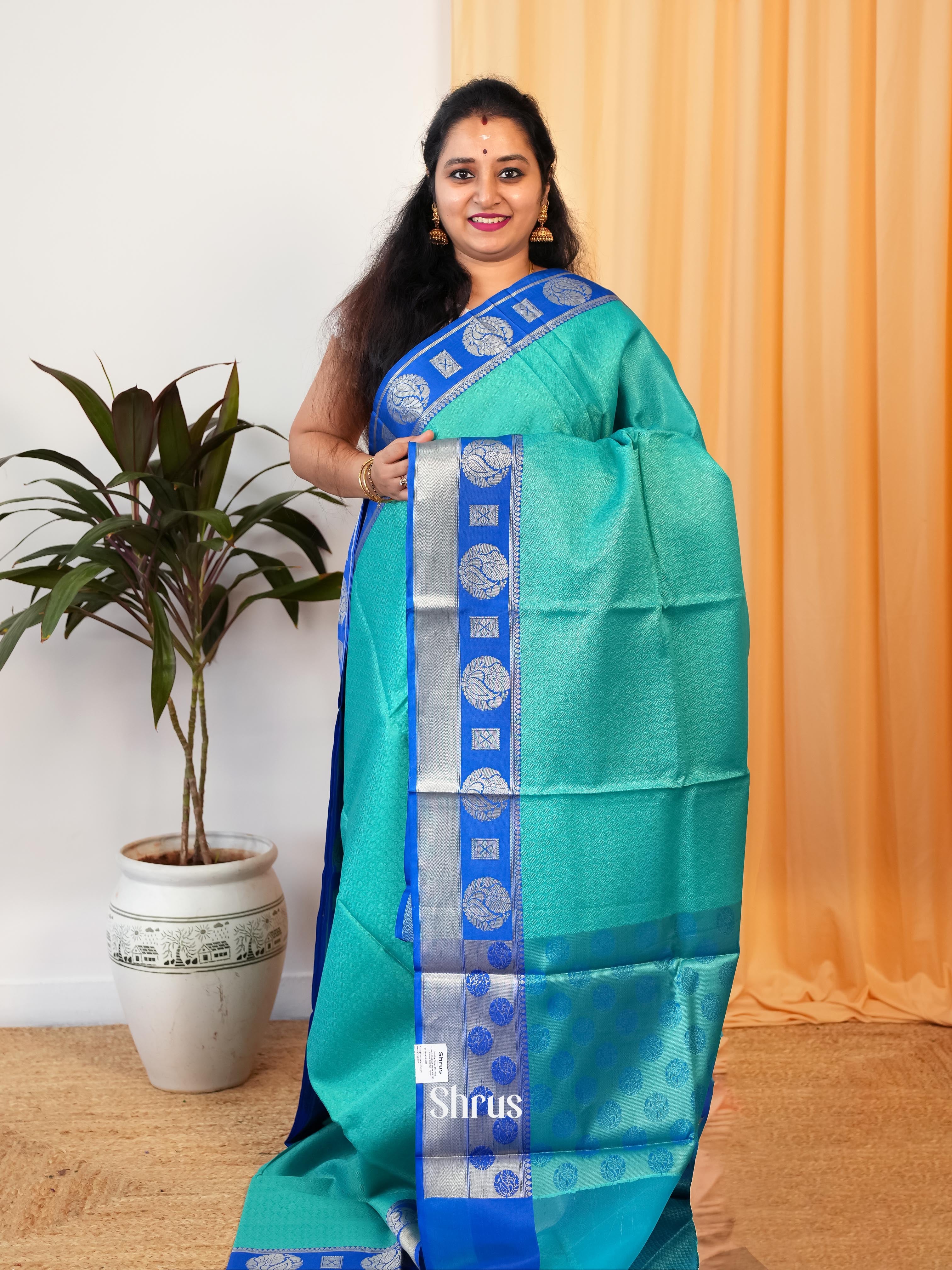 Aqua & Blue - Tanchoi Saree - Shop on Shrus.com