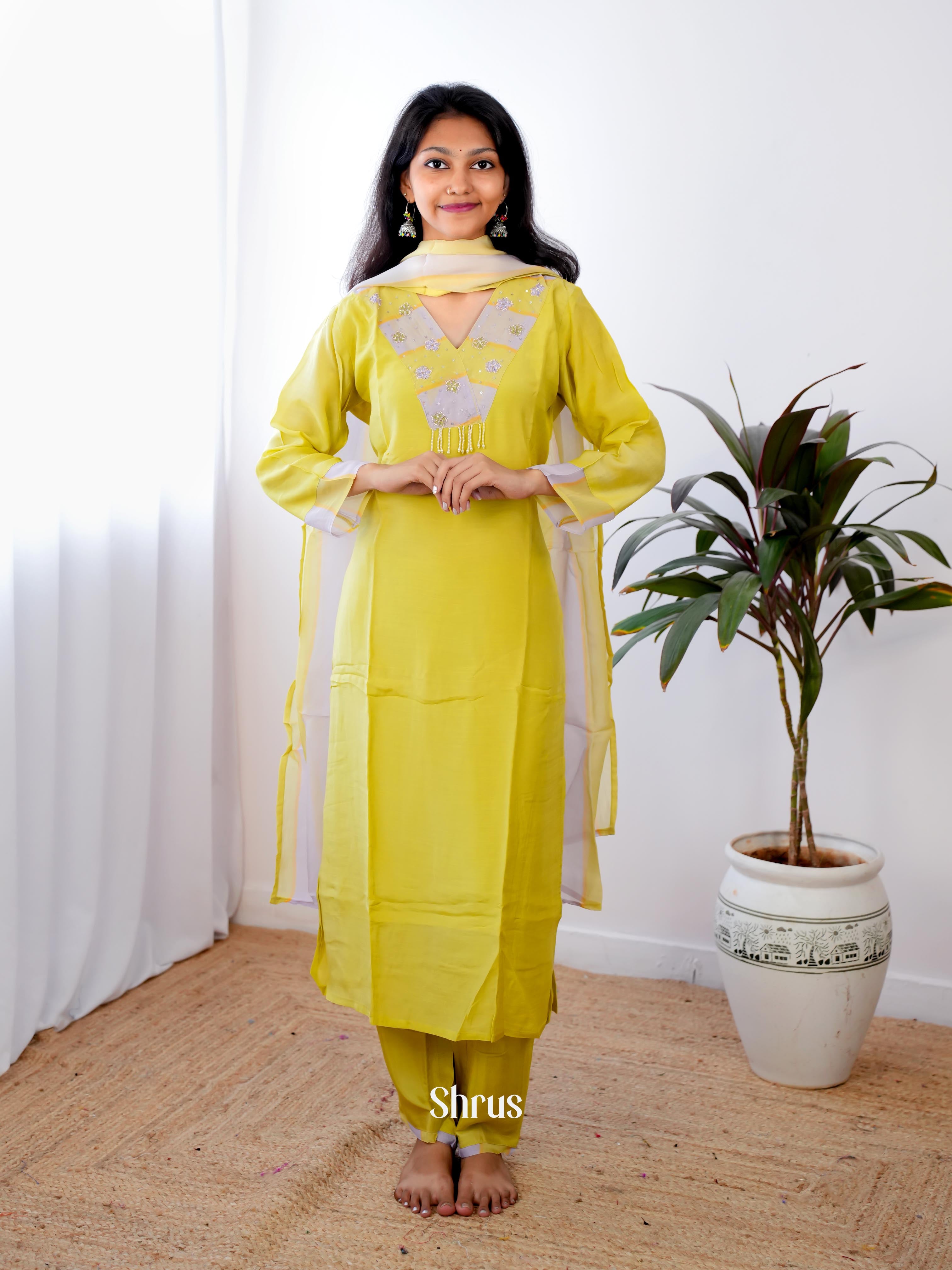 Mustardy Green & Cream- Readymade Suits - Shop on Shrus.com
