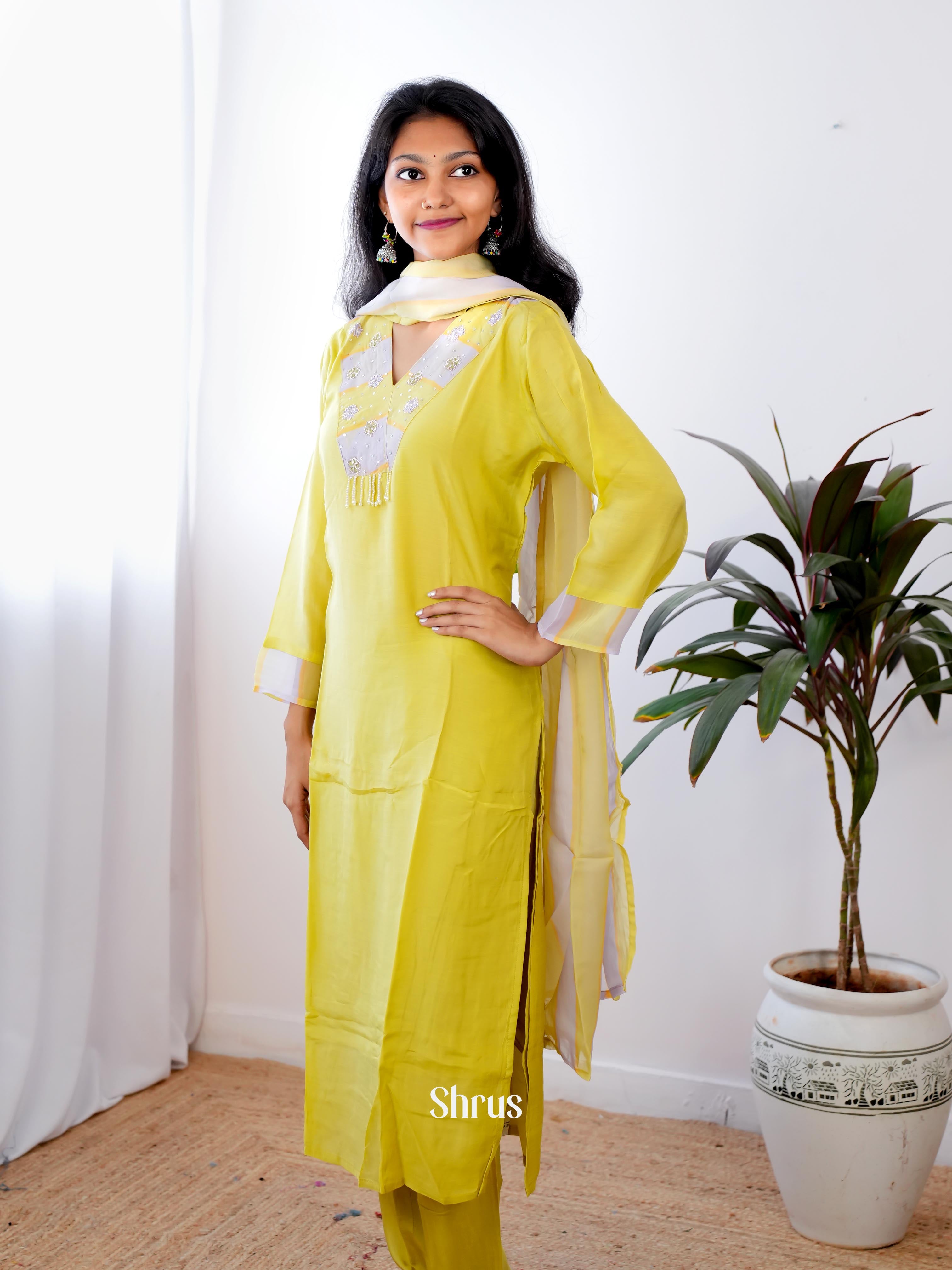 Mustardy Green & Cream- Readymade Suits - Shop on Shrus.com
