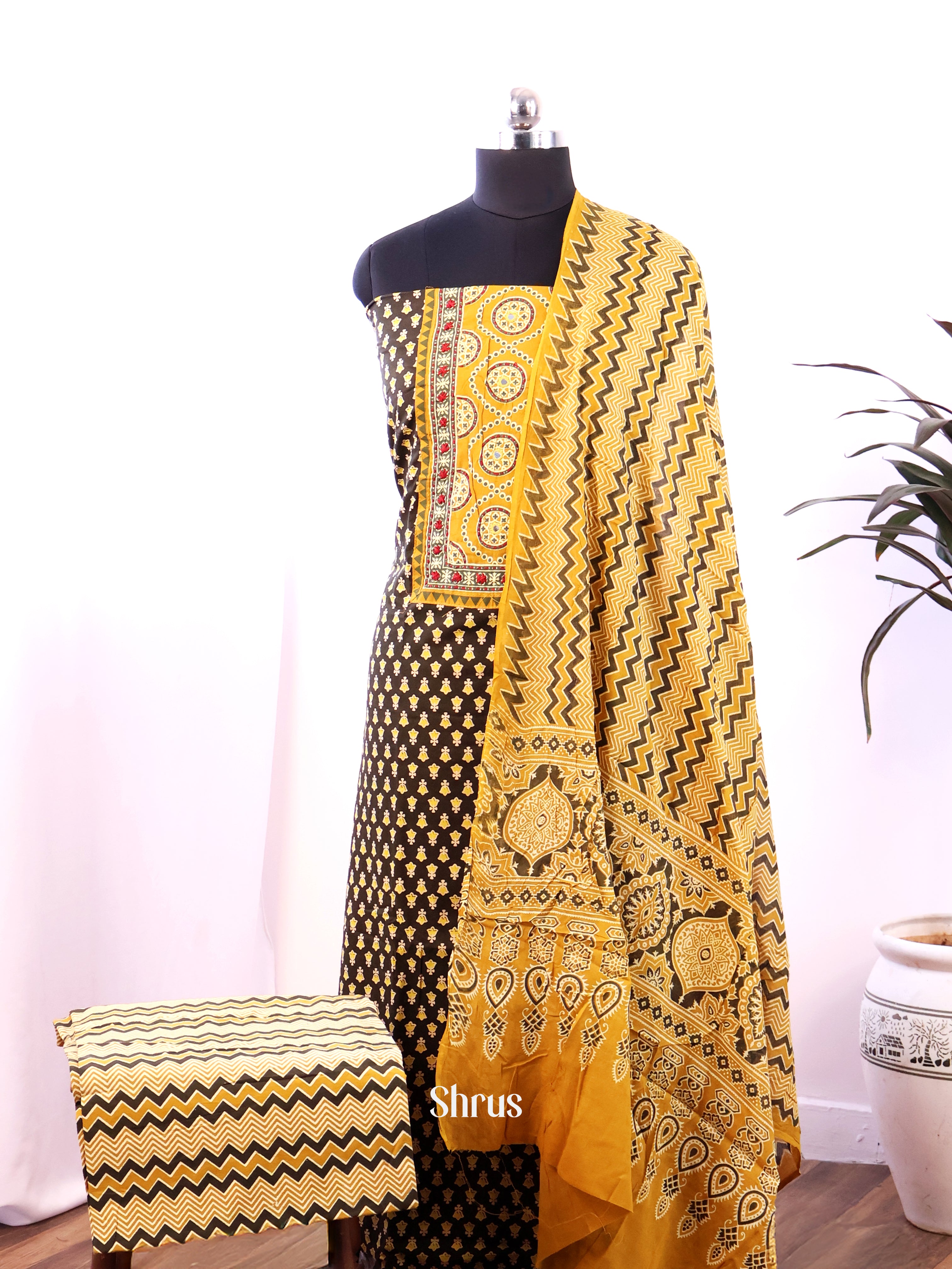 Brown & Yellow - Ajrakh Salwar Unstitched Top, Bottom & Dupatta - CIS13411 - Shop on Shrus.com