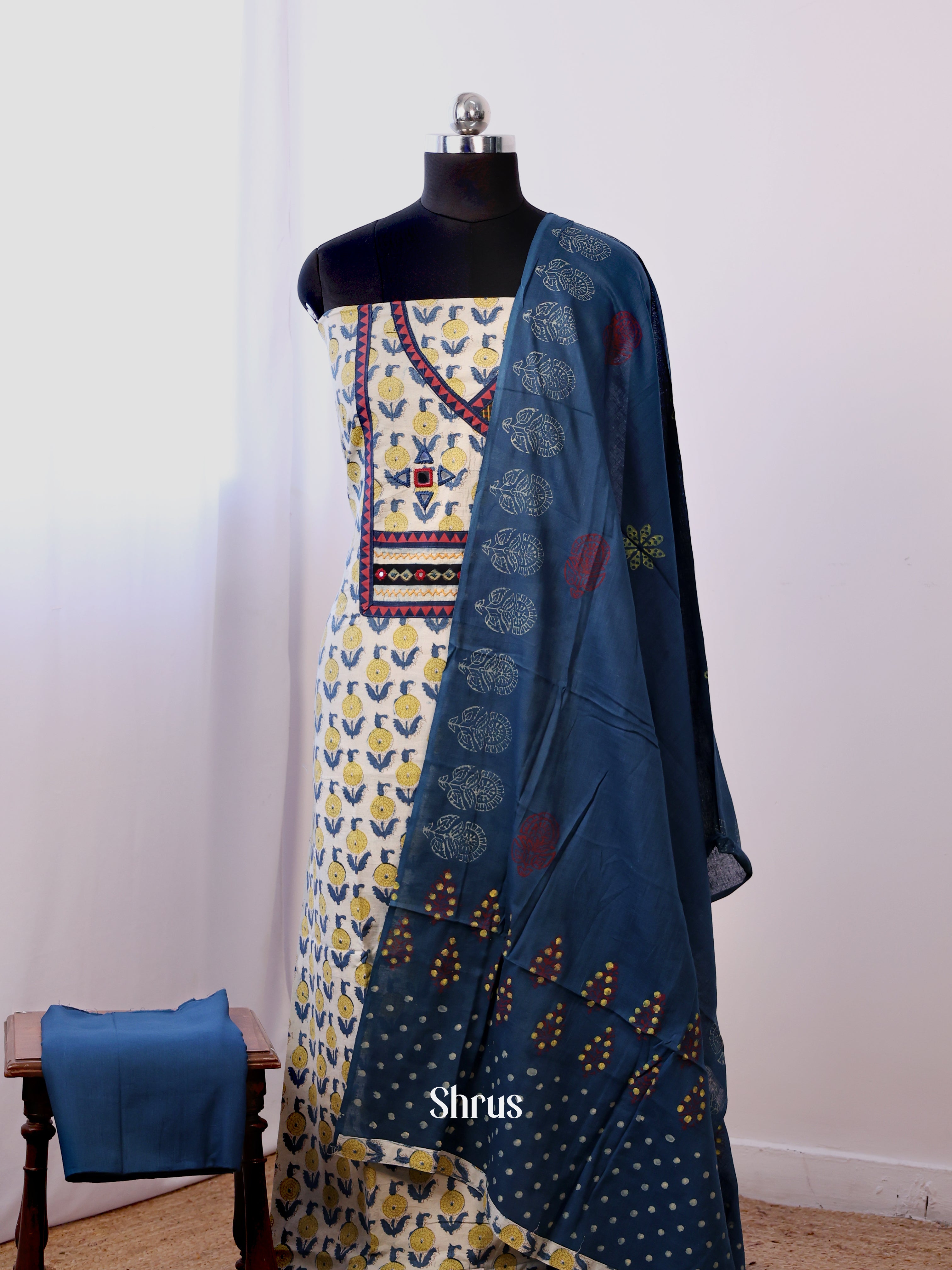 Cream & Blue - Ajrakh Salwar - Shop on Shrus.com