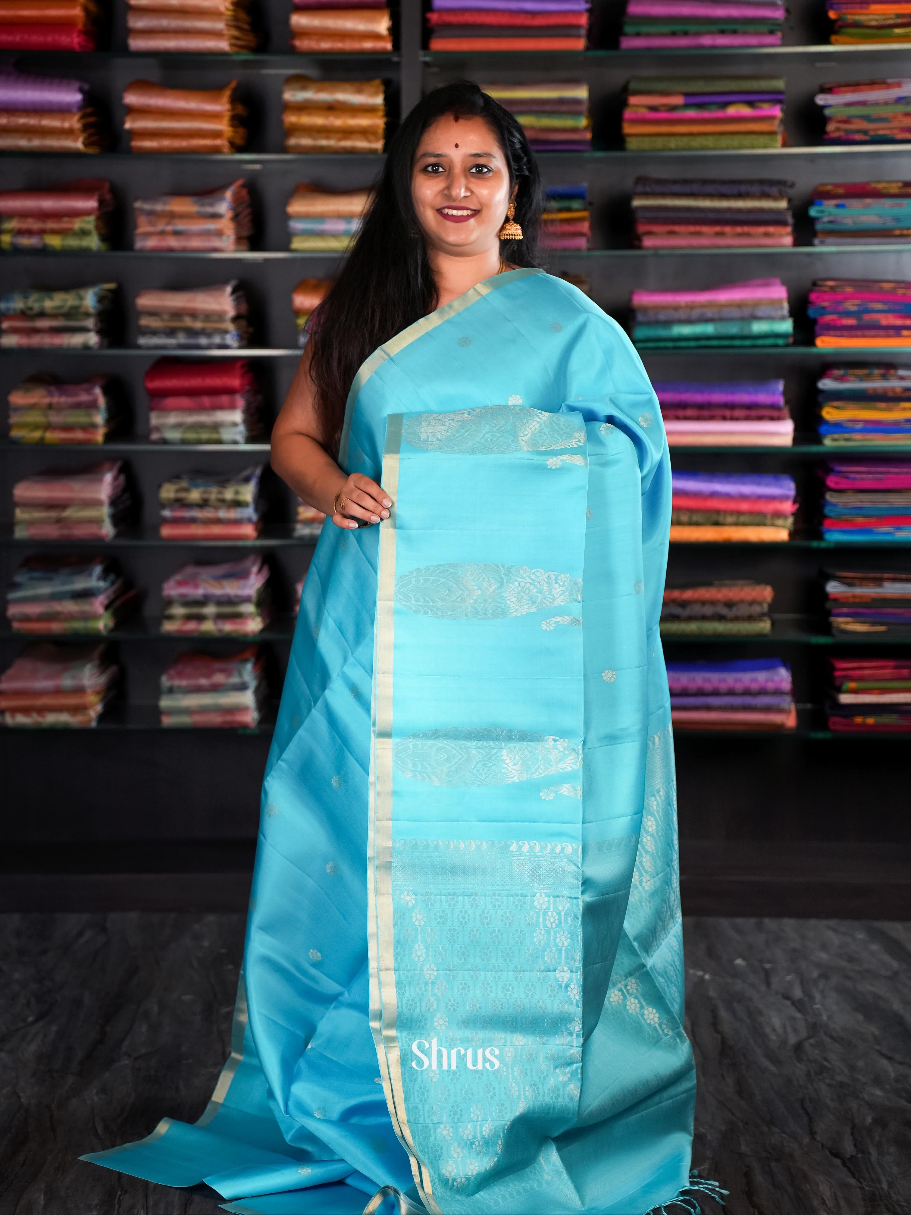 Teal - Soft Silk Saree - Shop on Shrus.com