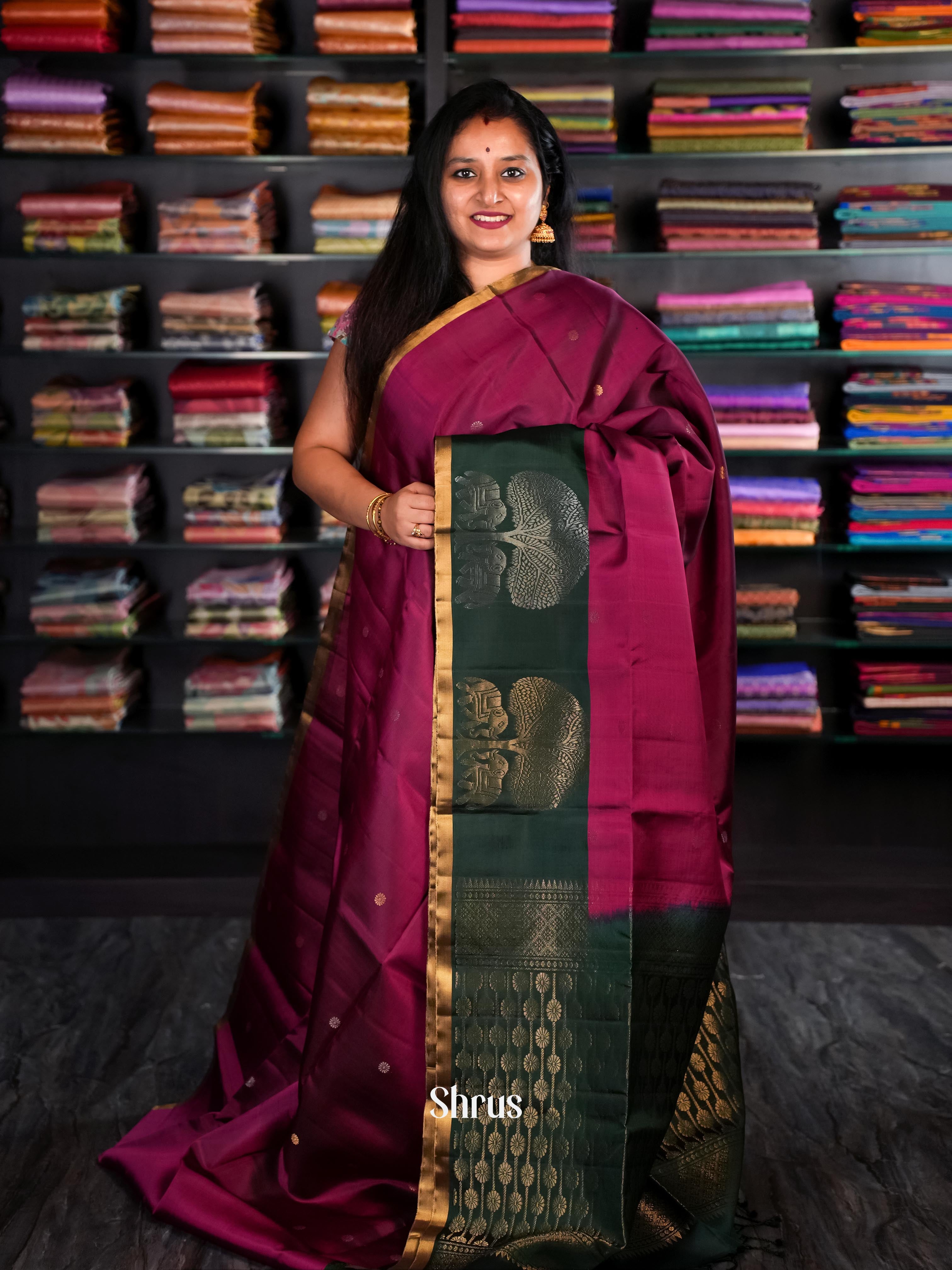Wine & Green - Soft Silk Saree - Shop on Shrus.com