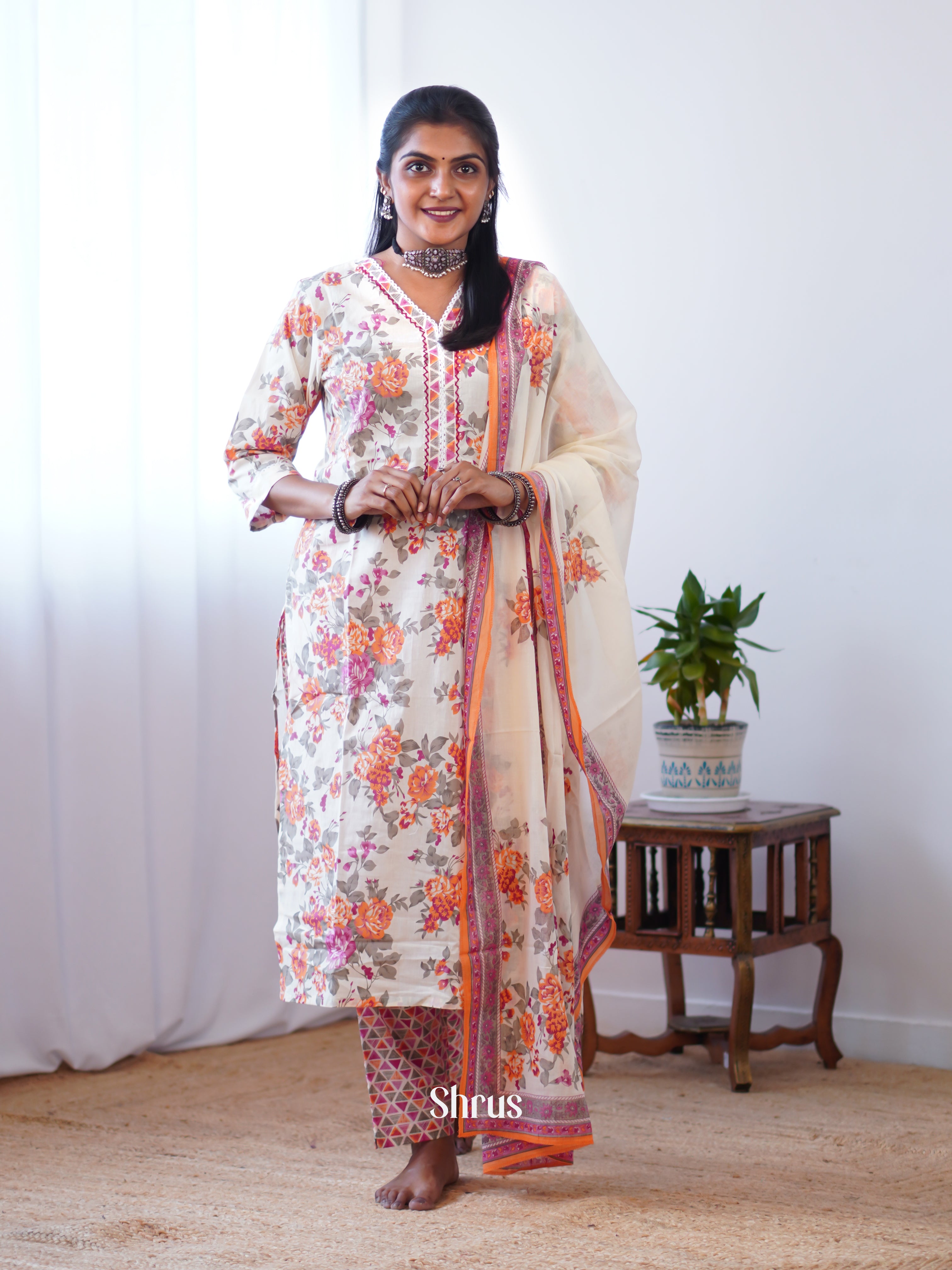 White & Orange - 3pc printed Readymade Suits - Shop on Shrus.com